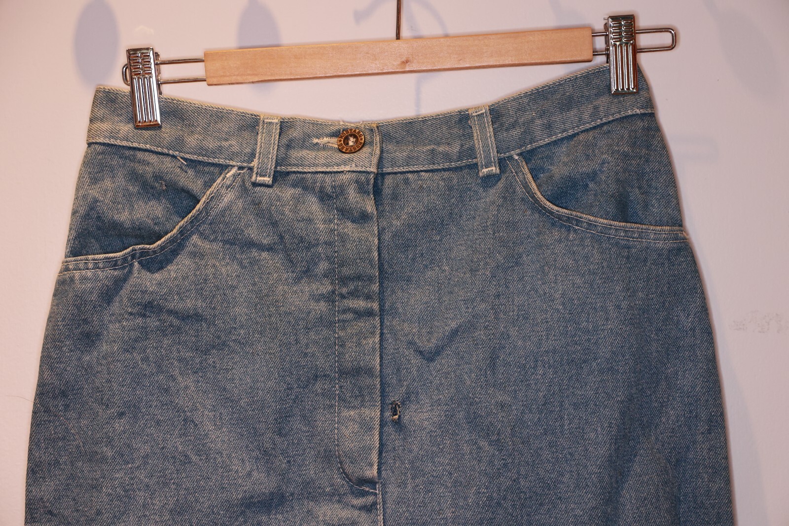 Vintage MUSTANG Midi Maxi Denim Skirt Approx 30 *** Attic Find With Holes Stains