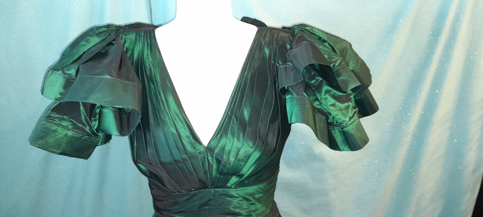 Vtg 80s Emerald Green TADASHI Pleated RUFFLE Wiggle Tafffeta Party Prom Dress S