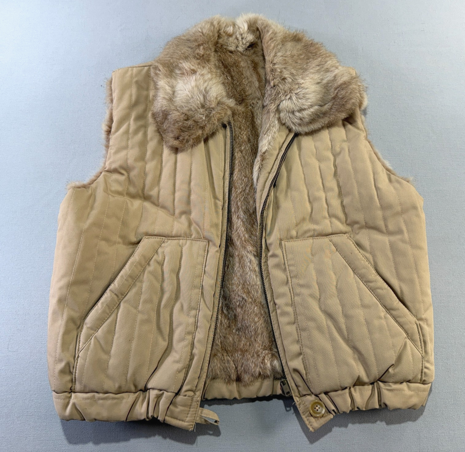 Vtg 70s Rabbit Fur Vest Jacket Large Reversible Outdoor Puffer Quilted Hong Kong