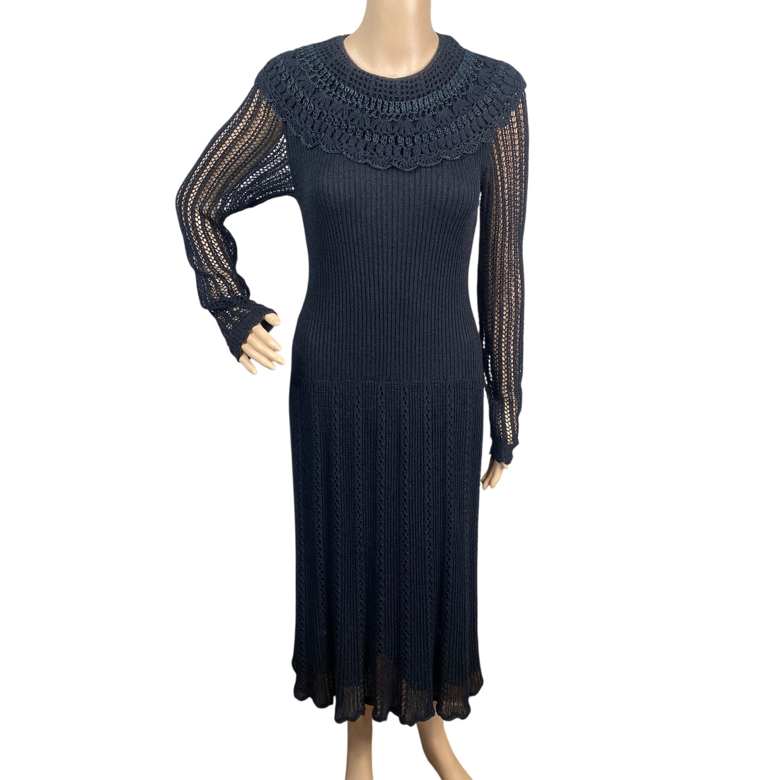 Vtg 60s Nina Spain Crochet Lace Midi Dress M/L | Open Knit Scalloped Whimsigoth