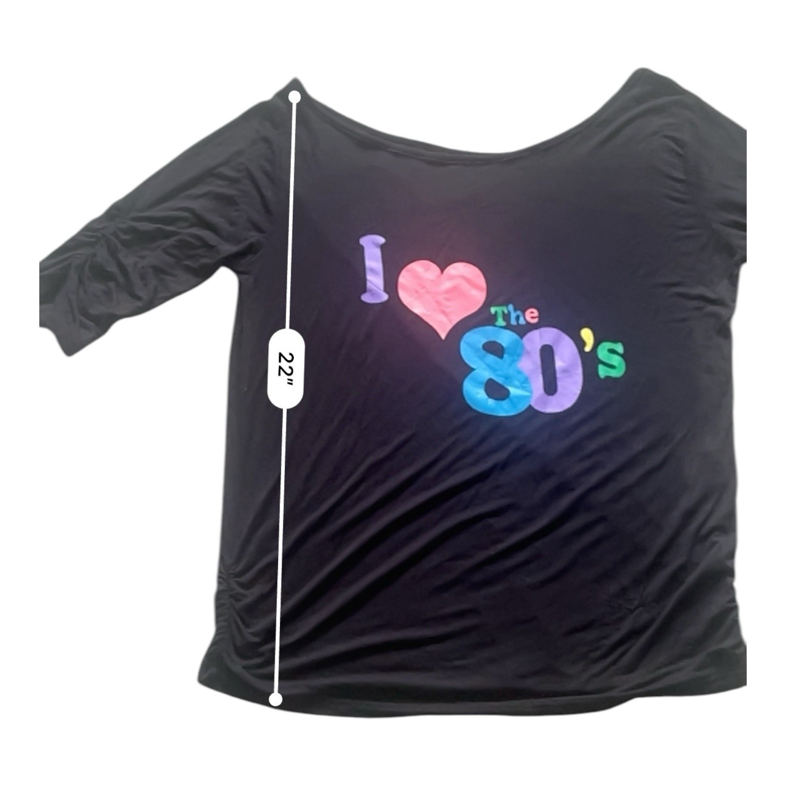 Vintage casual black top shirt L scooped neck graphic I Love The 80’s 3/4 sleeve