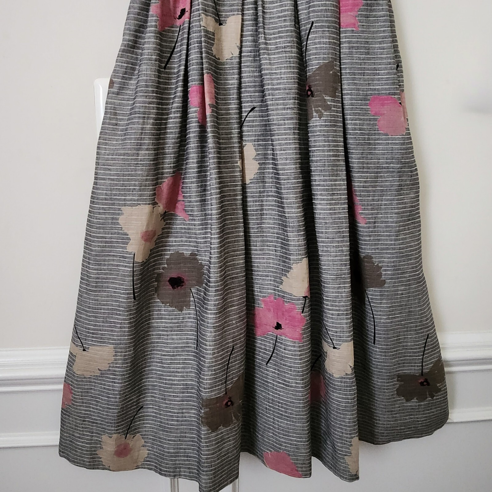 Vintage Albert Nipon Linen Cotton Gray Striped Floral Prints Dress 4 Pockets