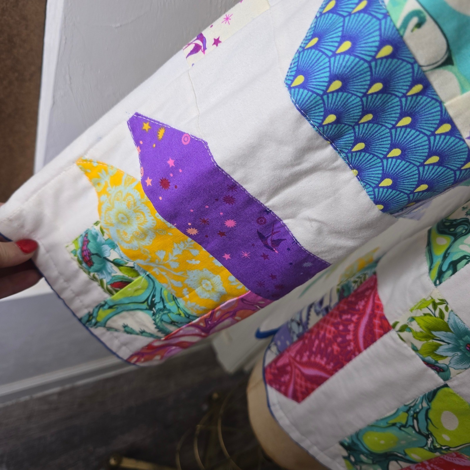 One of a kind blue multi colored handmade quilt coat OS