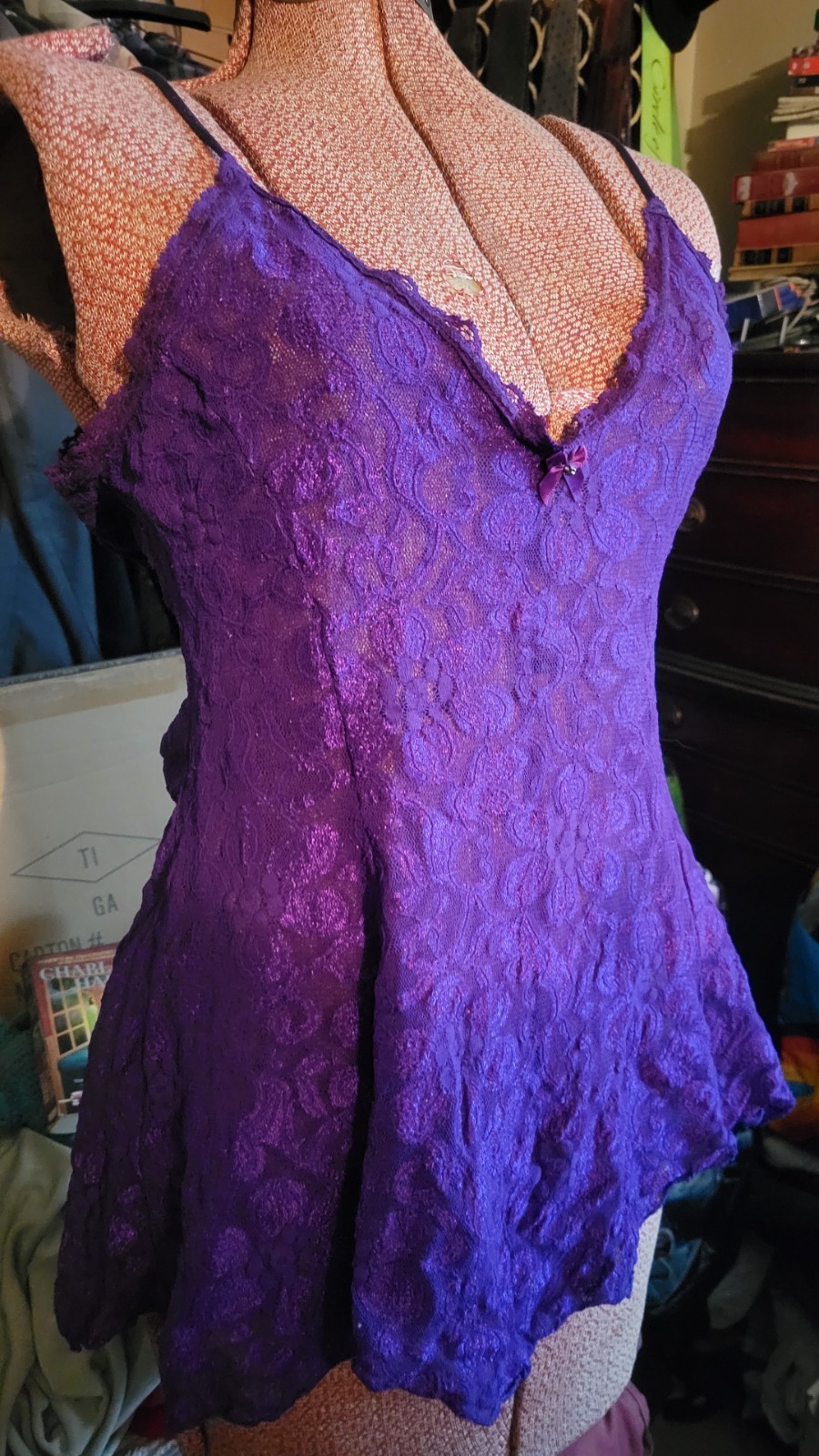 Vintage 90s Shirley Of Hollywood Size L Purple Stretch Lace Chemise Original Own