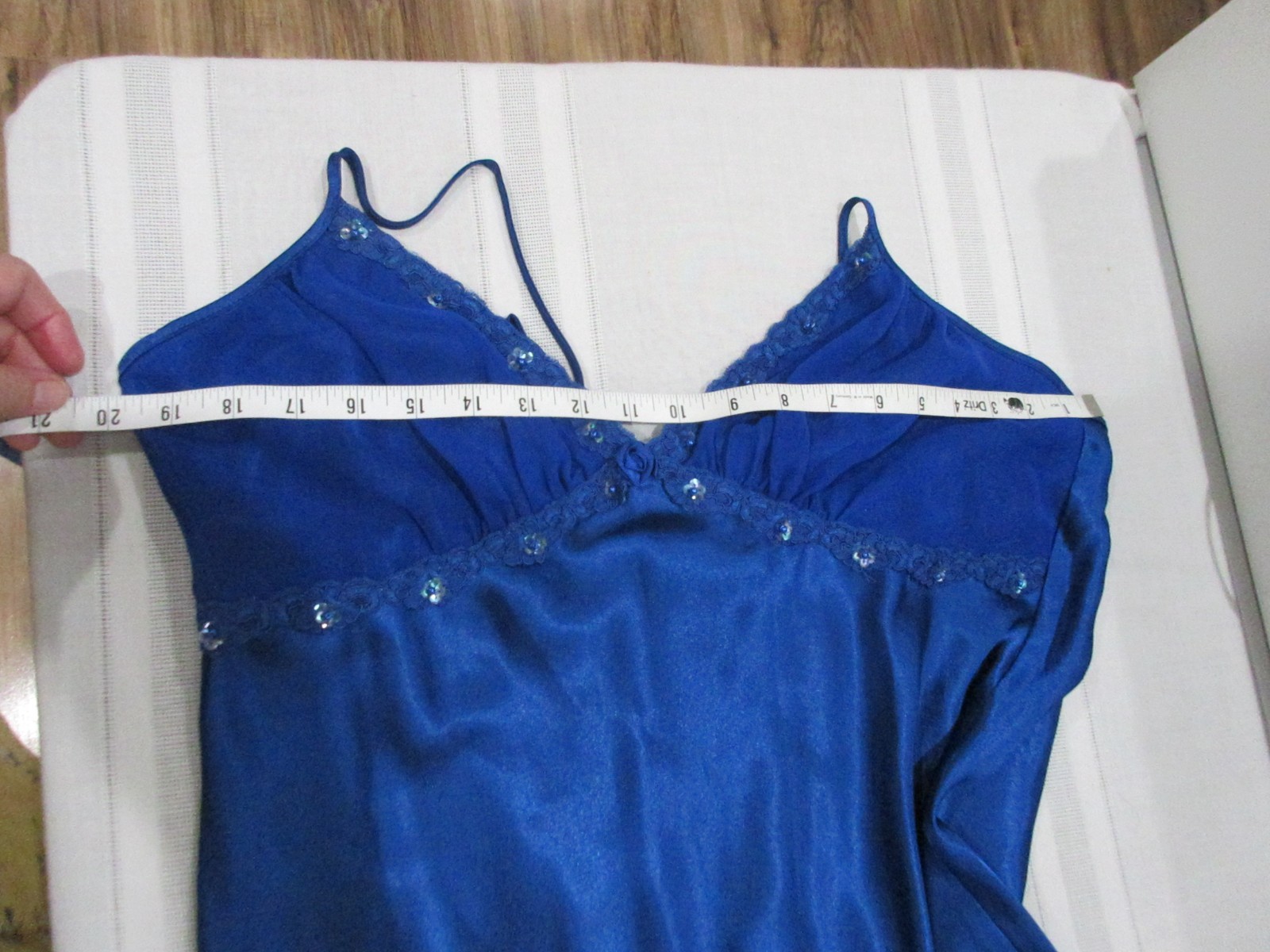 VTG 90’s SEARS INNER MOST BLUE SATIN W/ SEQUIN CHIFFON BODICE NIGHTGOWN SZ L