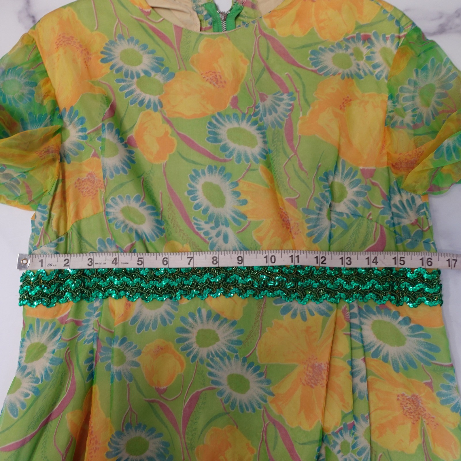 Vintage Boho Hippie Handmade Floral Maxi Dress Green Yellow Sequin 60s 70s Large