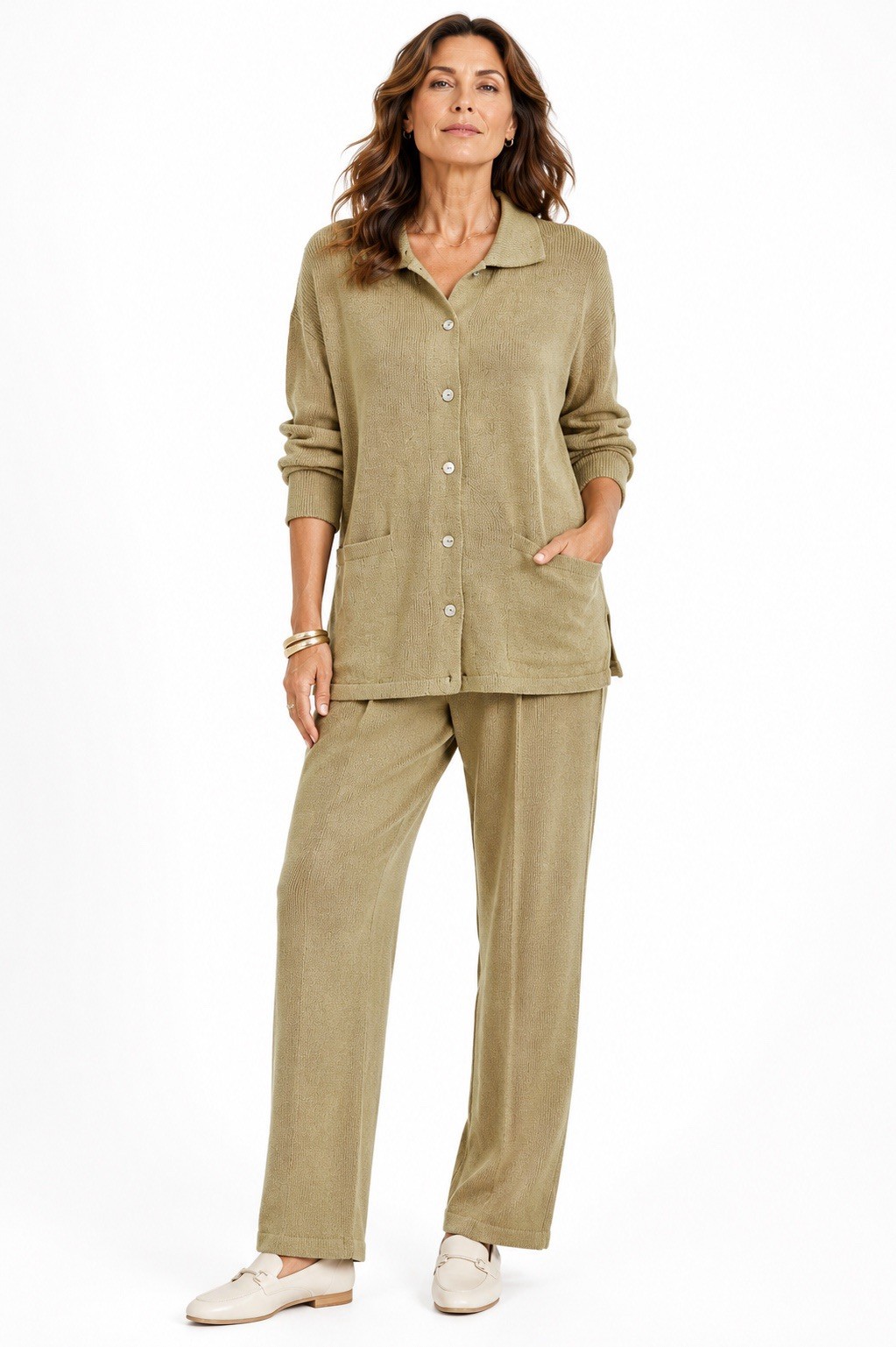 vintage HELEN HSU NY 2 piece knit pant set cardigan jacket XL tan 90s relaxed