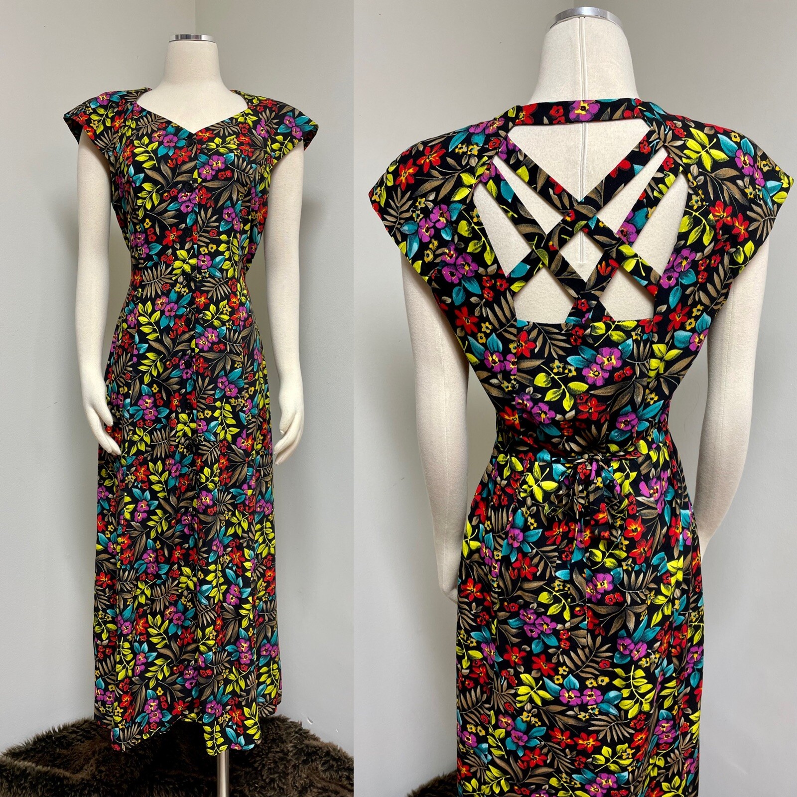 Betsy Lauren 90’s Bright Floral Hawaiian Print Midi Dress Deadstock w tags Sz 8