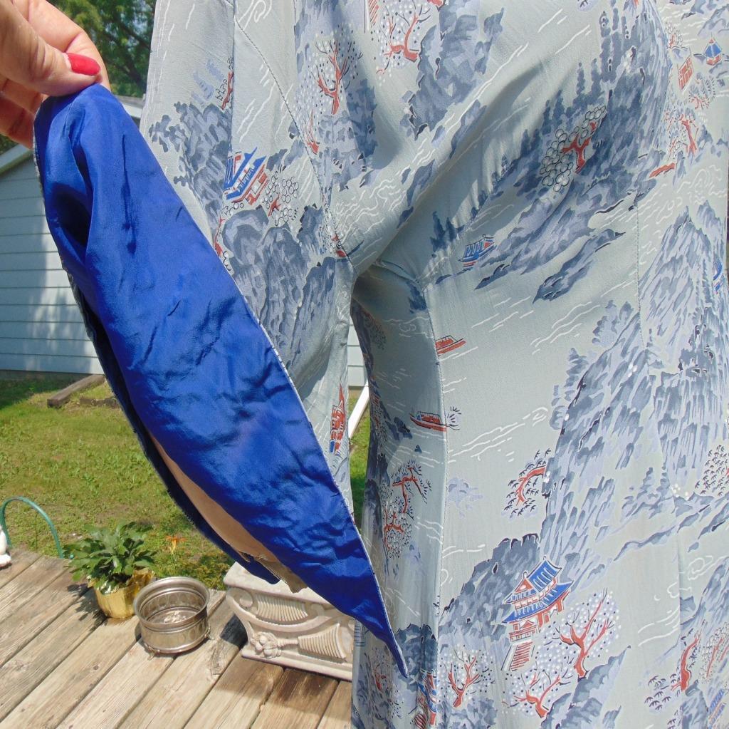 VTG 40s Malihini Hawaii Gray & Blue Rayon Pake Muu 28W