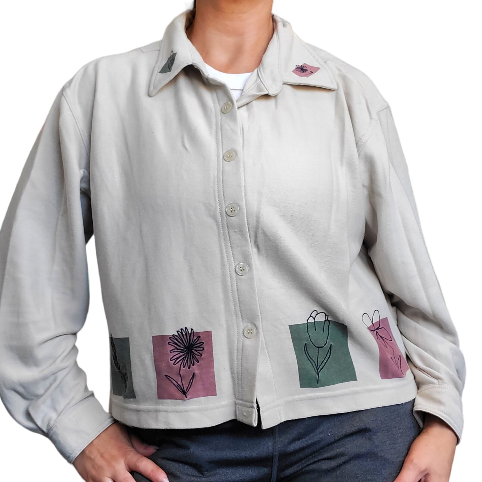 Vintage Large Cream Shirt Jacket Nature Flower Neutral Earth Tones Button Up