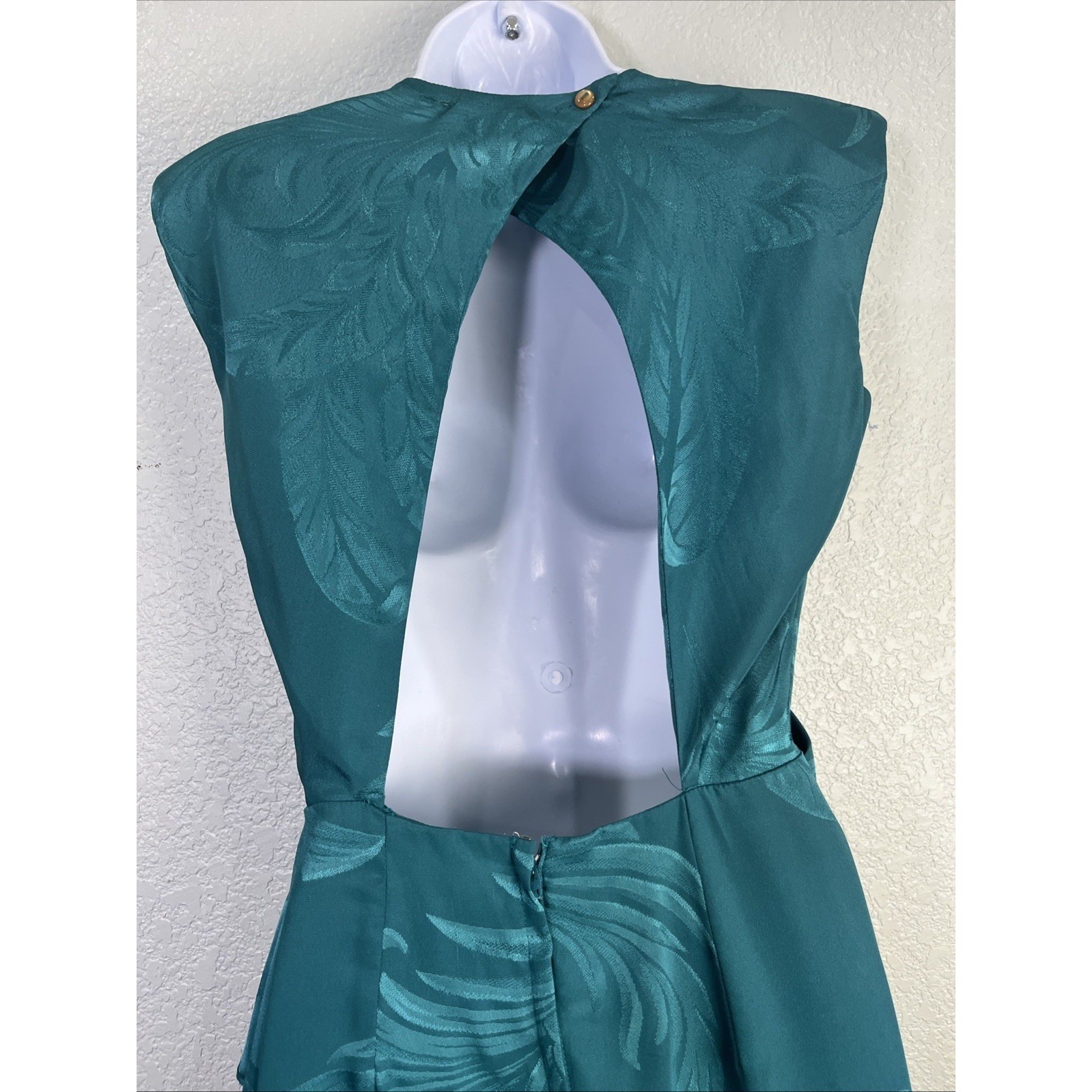 Lola Collections Dress Womens 4 Teal Jacquard Leaf Draped Open Back Ruffle 80s