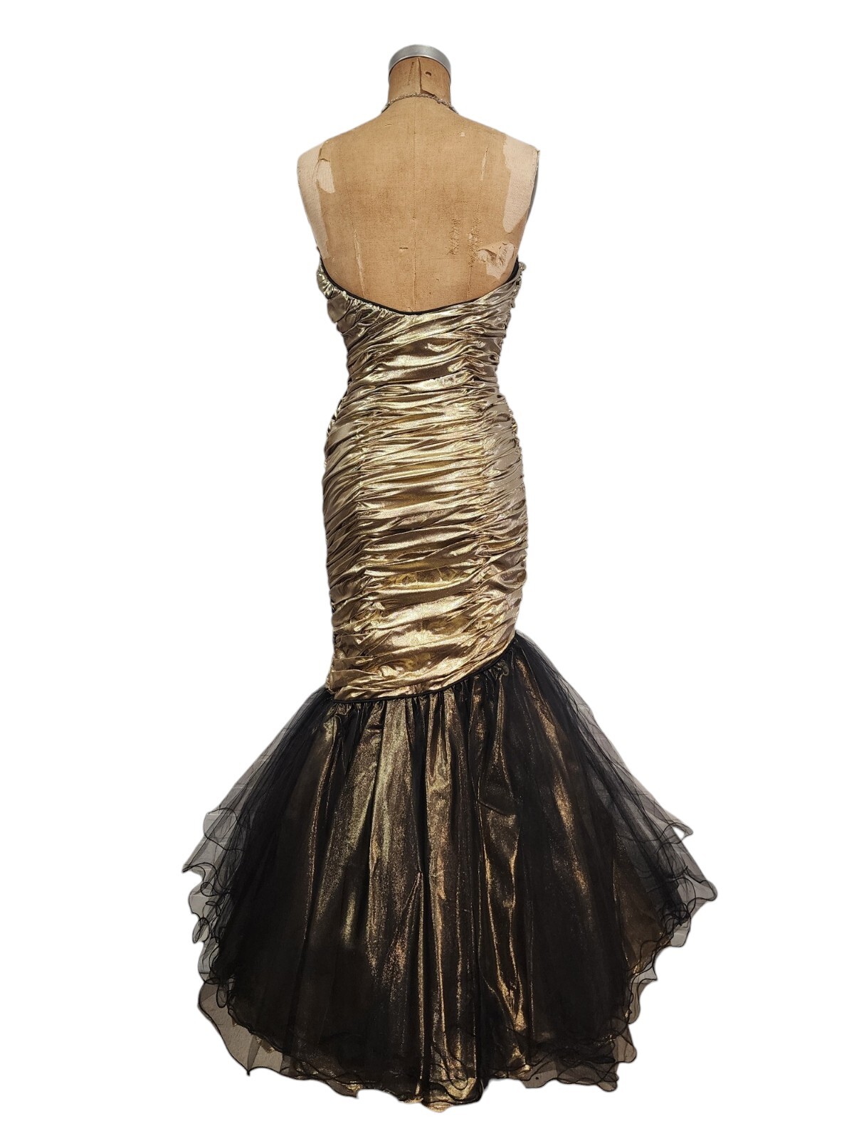 Vtg 80s Prom Dress XS/S Mermaid Gold Lame Metallic Ruched Pageant Gown New