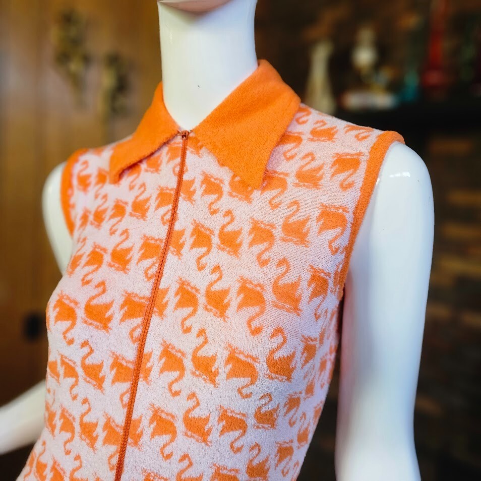 Vtg 70s Mod Go Go Terry Bodysuit Novelty Loch Ness Print Hot Pants Playsuit S/M