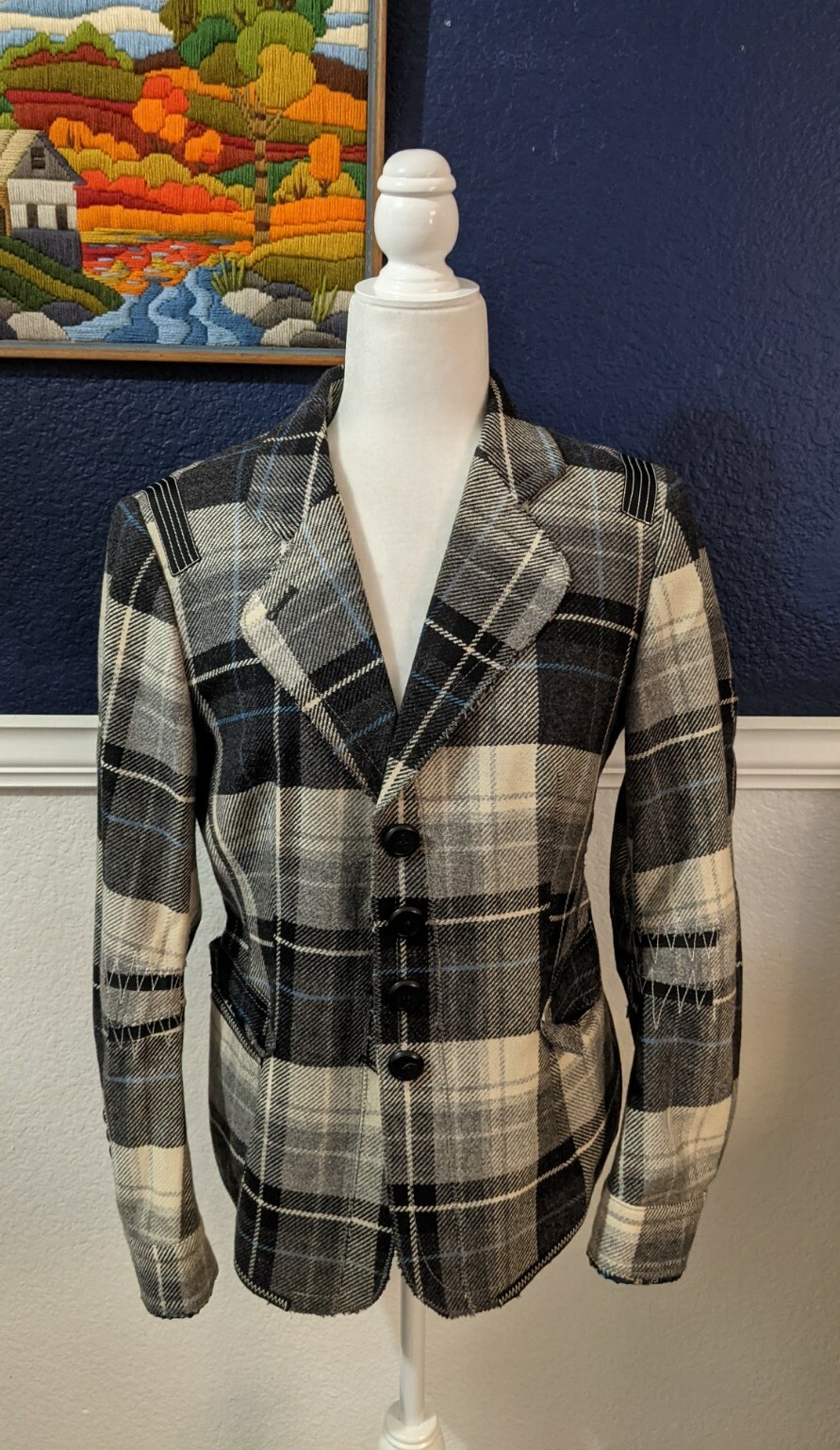 VTG Marc Aurel Black Blue White Plaid Blazer Sz 40 Medium M