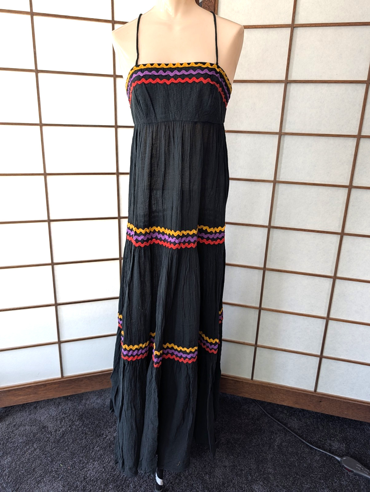 Vintage 1970s Act I New York Black Gauzy Maxi Sundress Tiered Rick-Rack Sz XXS