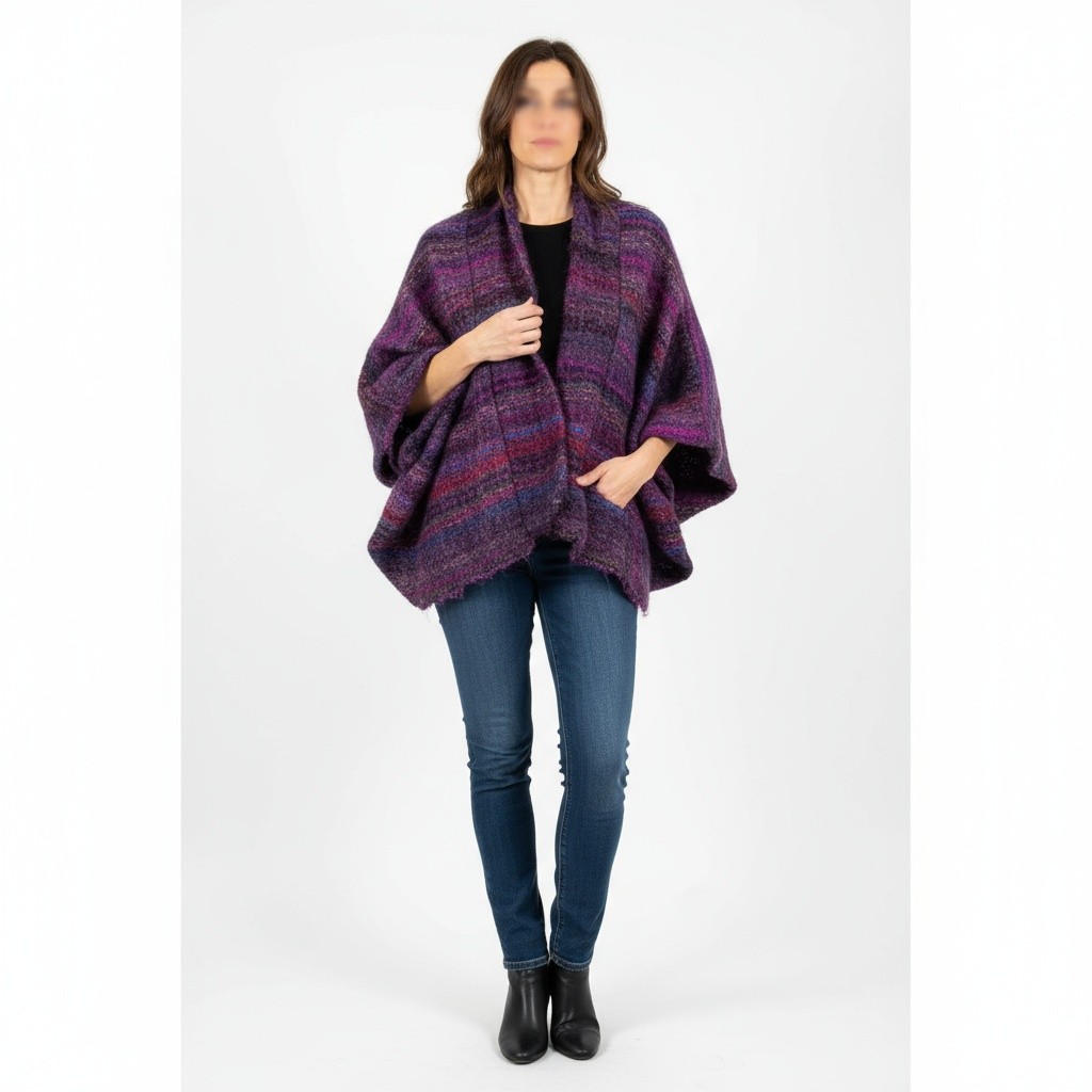 Nessa Warner Handwoven Mohair Wool Art Jacket – Boho Cocoon Shrug – Purple Multi
