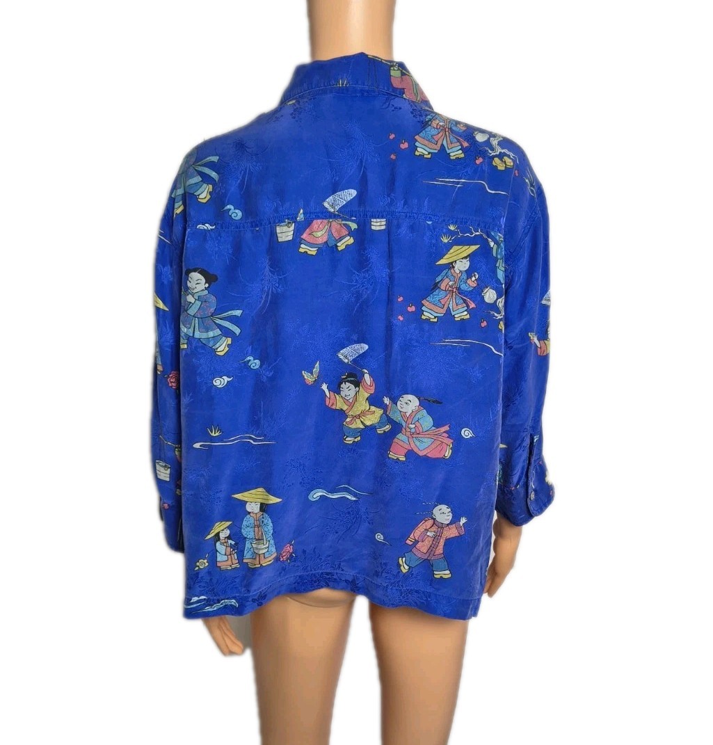 Vintage 80s 90s Chico’s Design Asian 100% Silk Blouse Royal Blue Size L