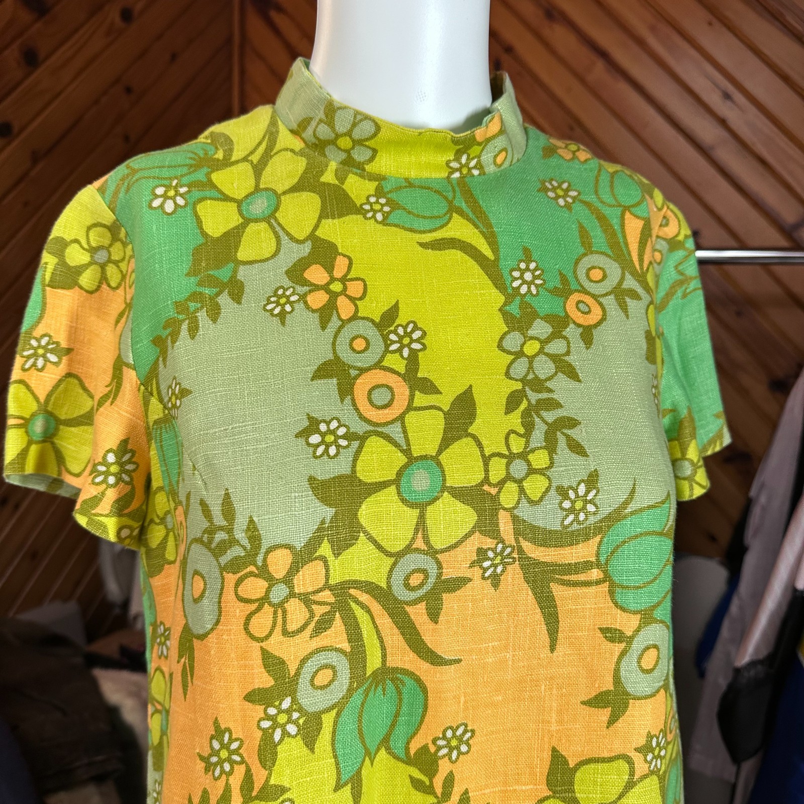 Vintage 60s Womens Sheath Dress S/M Neon Flower Power Short Sleeve Mod Hippie