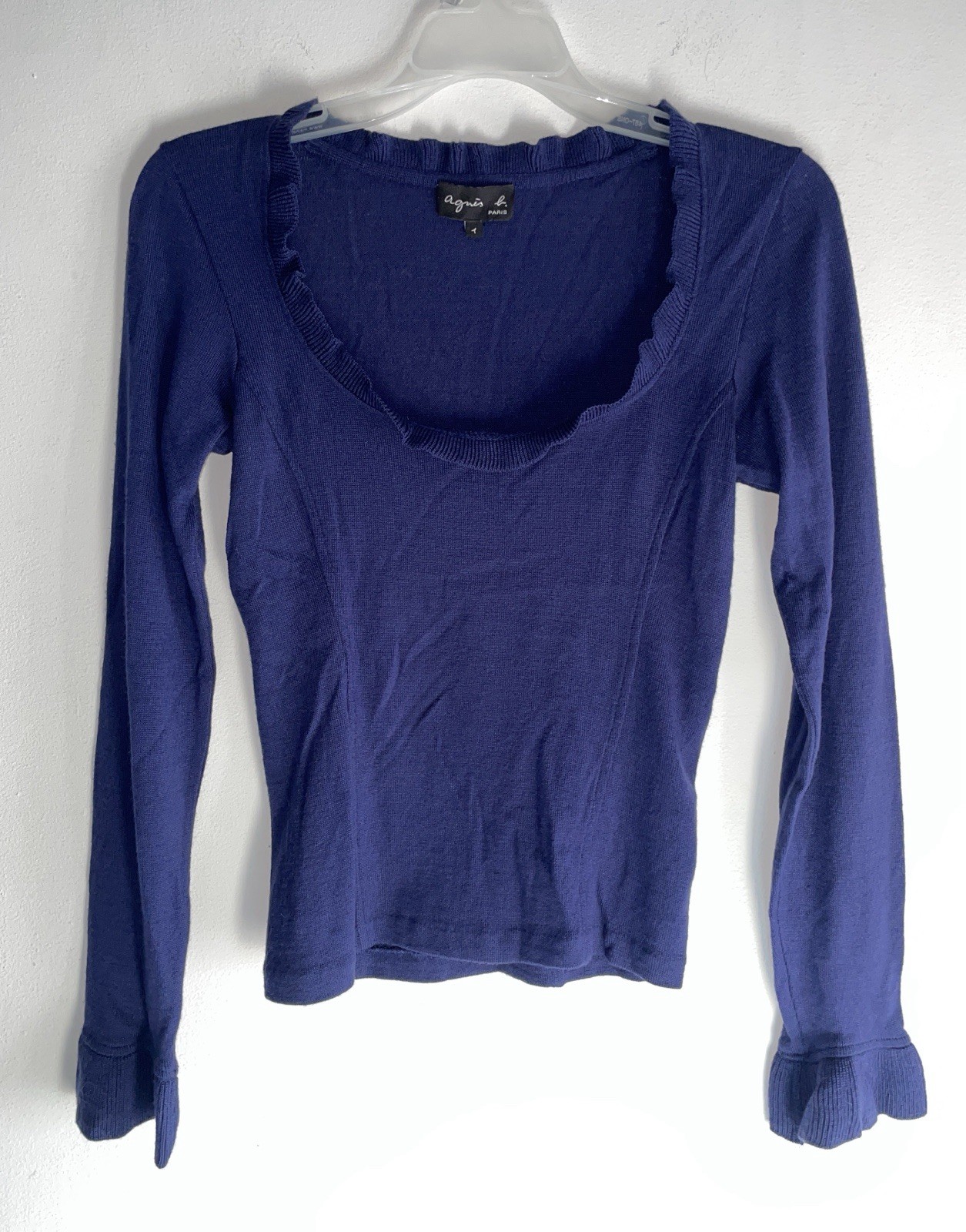 Vintage ~Agnès B. ~Women’s Top, Deep U Frill Collar , Blue 100% Wool
