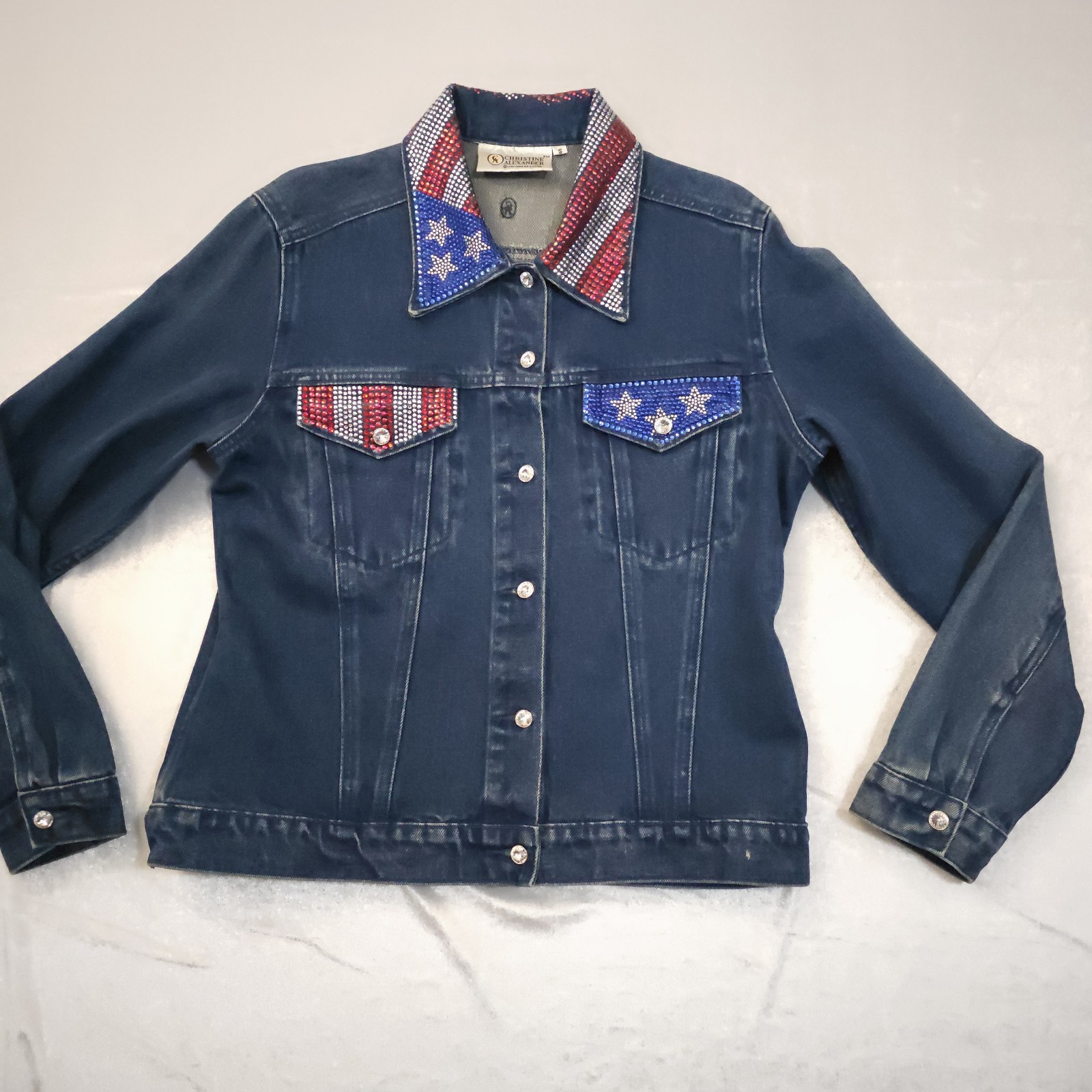Vintage 90s Heritage Denim Rhinestone American Flag Jacket Christine Alexander S