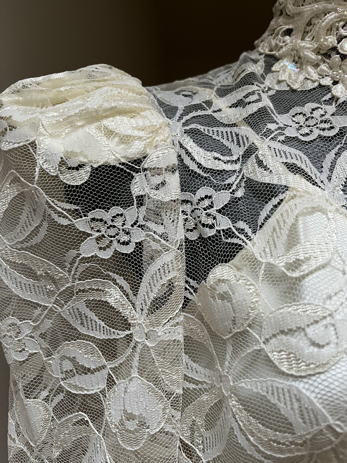 Vtg Lace Dress Victorian Style Drop Waist Midi High Collar Sequin SMALL