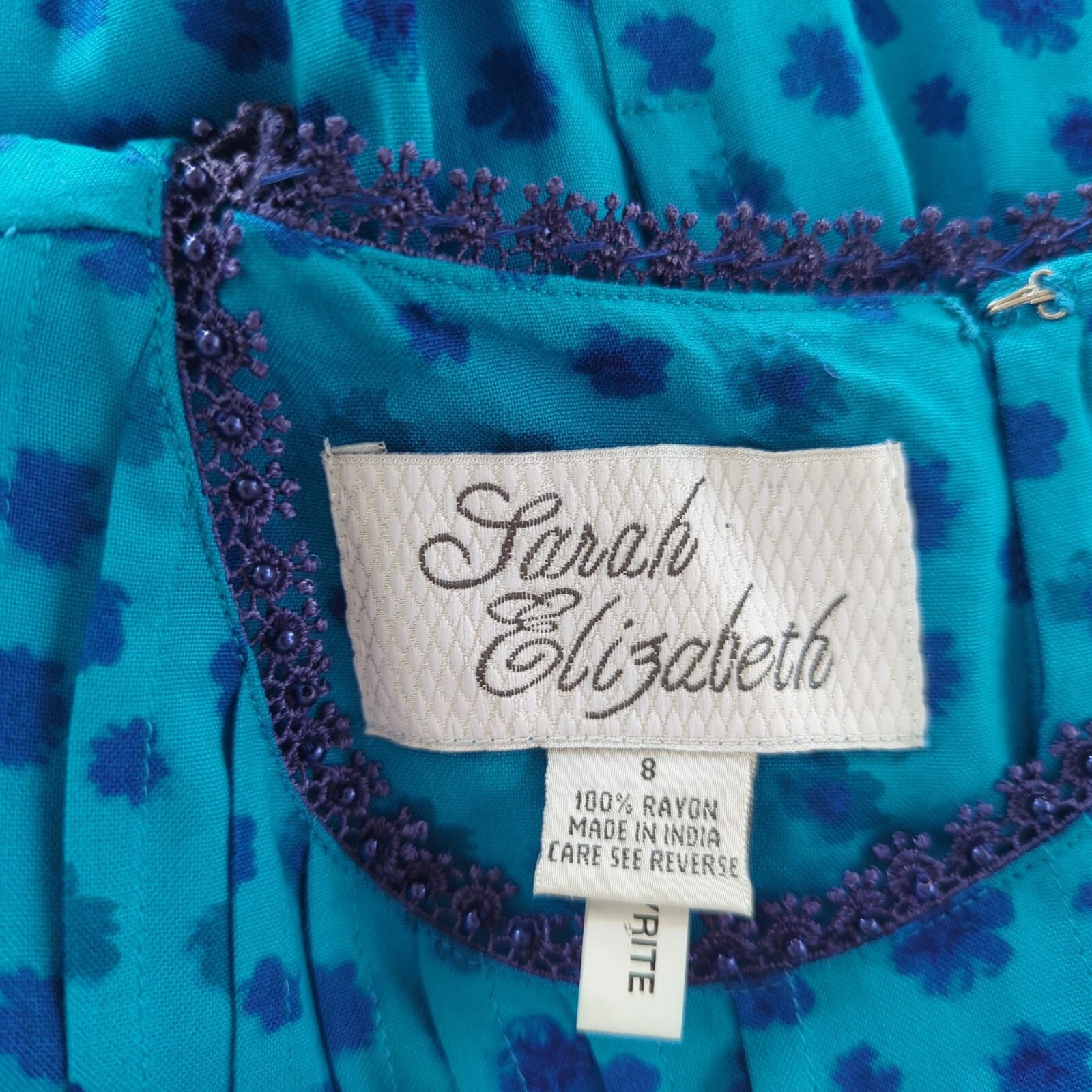 Vintage Sarah Elizabeth Floral Midi double tied modest blue Dress Waist Tie 8