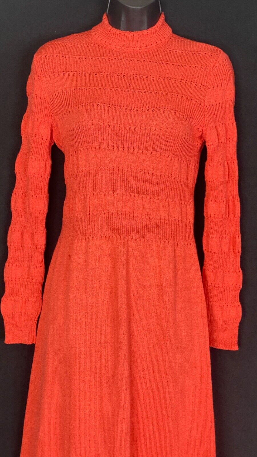 Vintage 1970s coral sweater dress, long sleeve orange knit salmon XS S