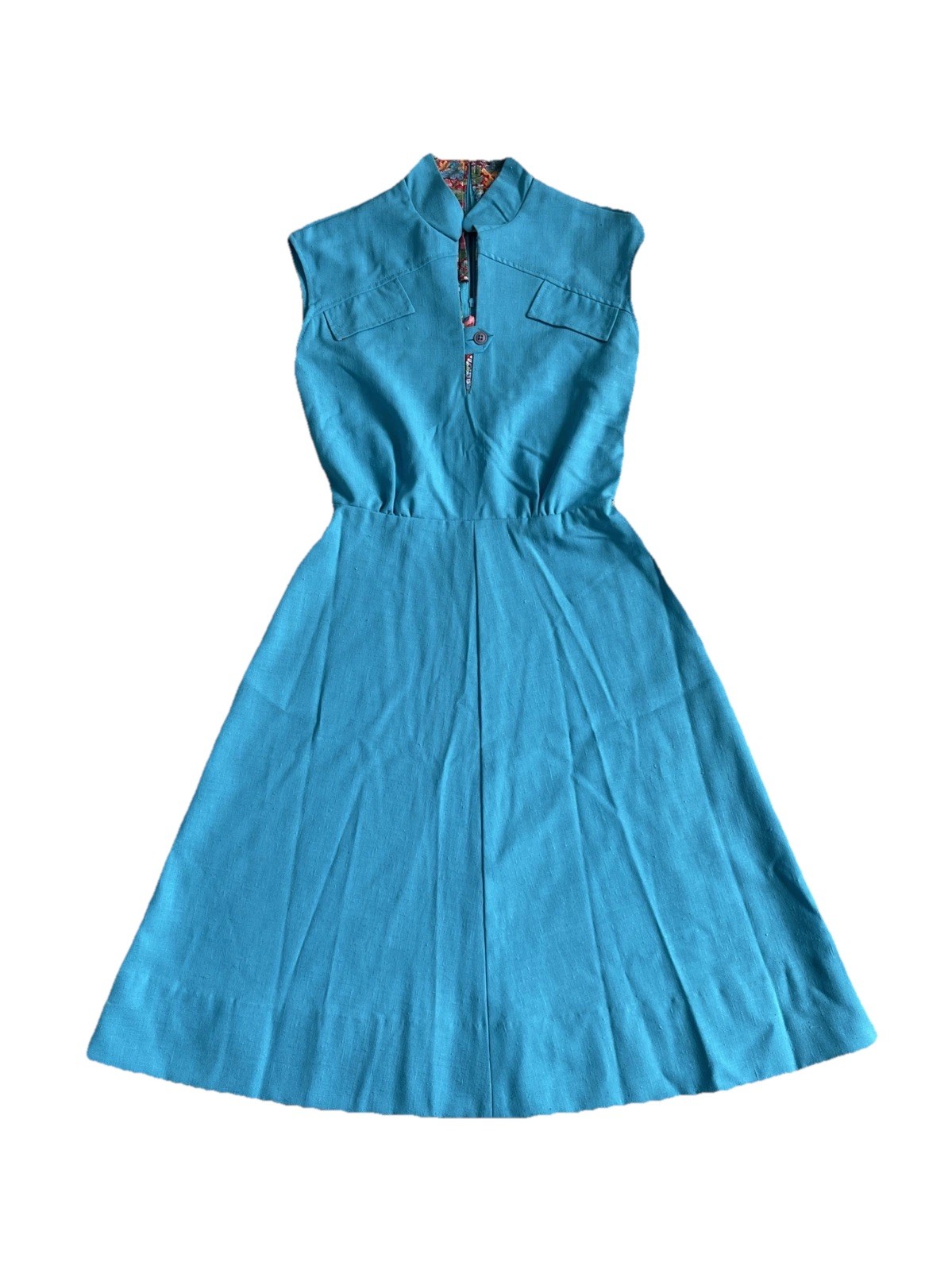 Vintage Gay Gibson Turquoise Mod Dress Floral Lining Sleeveless Midi Retro 60s