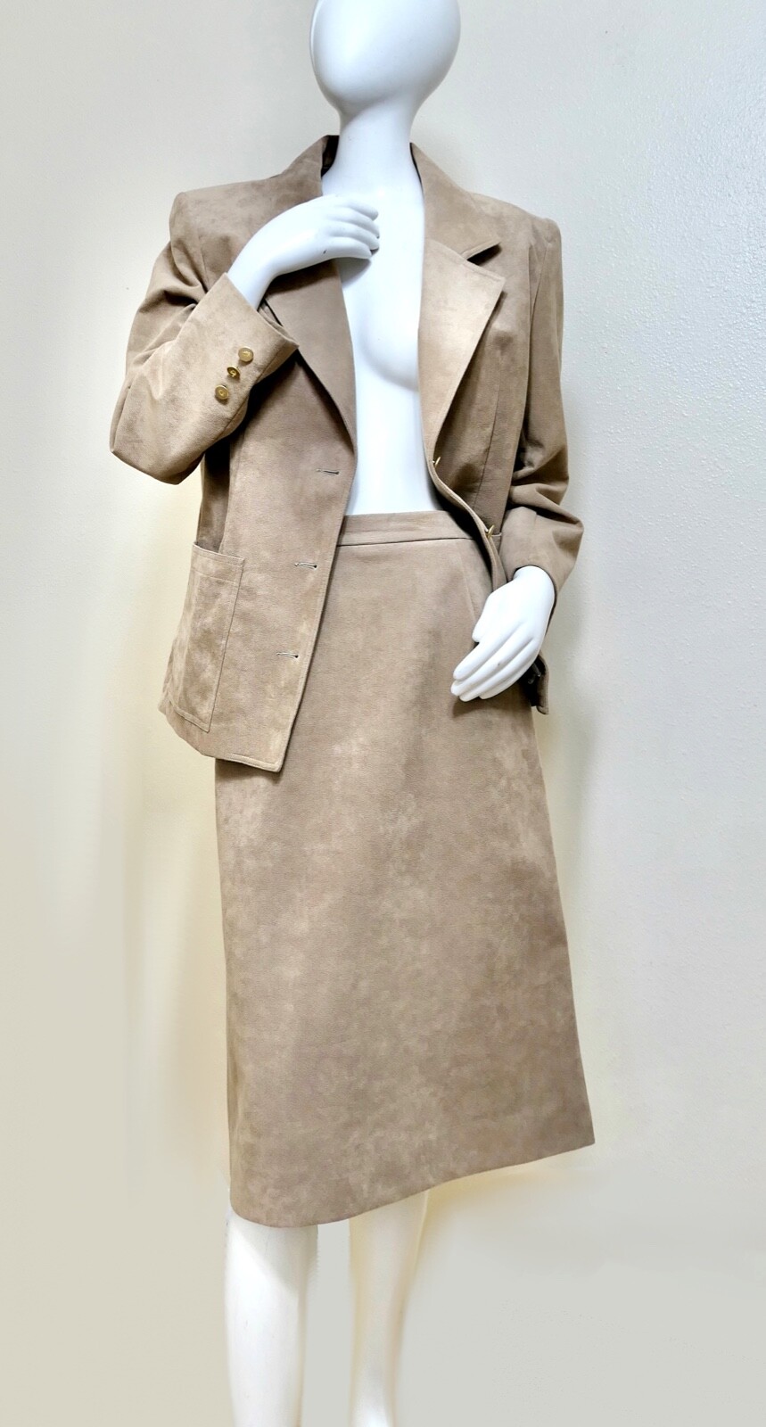 Vintage Count Romi Skirt Jacket Ultra Suede Beige Nude Khaki Suit L