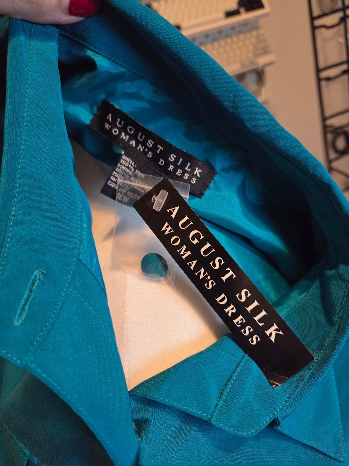 Vintage August Silk 100% Silk Teal Midi Shirt Dress Size 10 Shoulder Pads