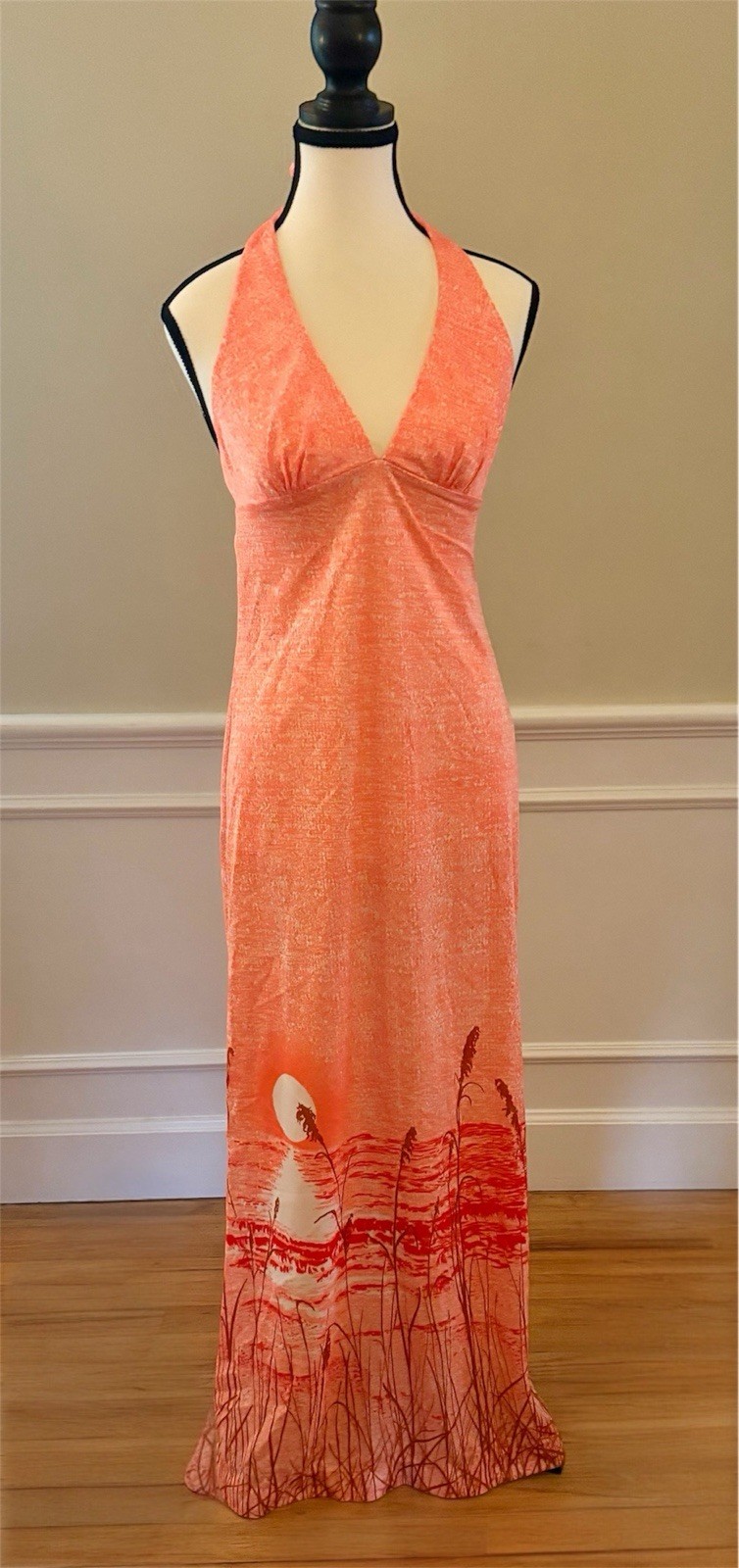 High Tide 1970s Orange Nylon Sunset Print Halter Maxi Dress Size 11/12