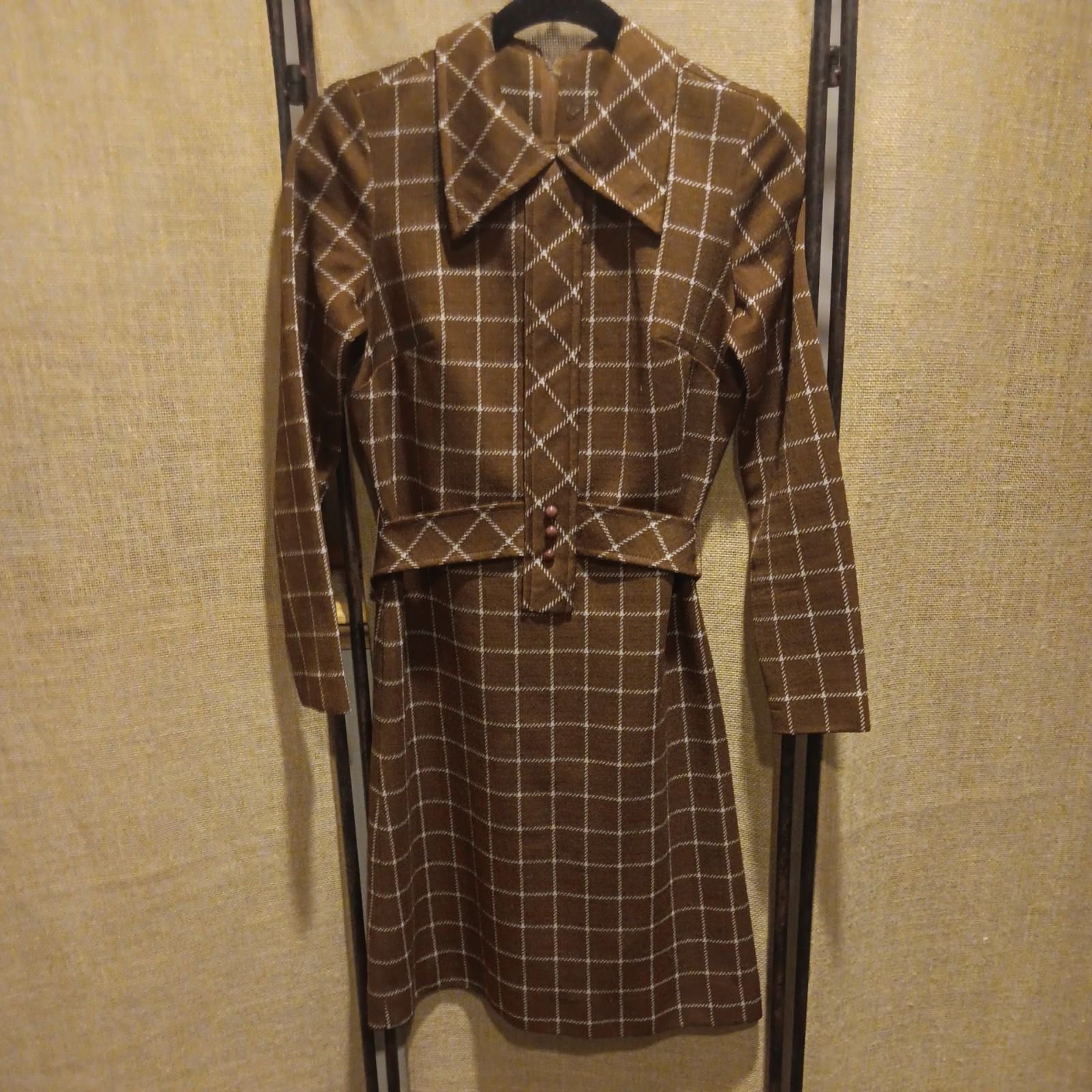 Vintage 70s Jerrie Lurie Brown Plaid Dress Mod A-Line Big Collar Union Made USA