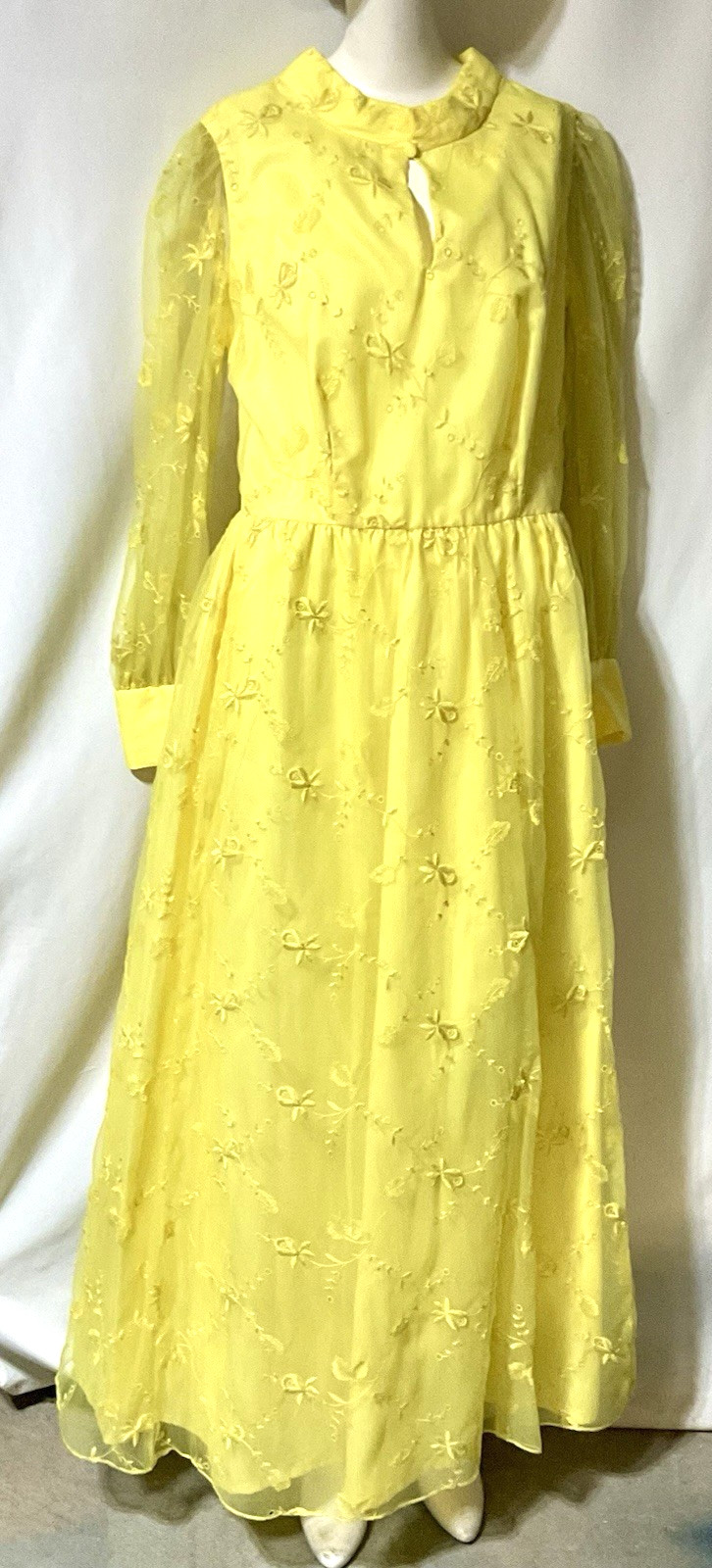 Vintage 1960s Bridesmaid Long Dress Women Large Yellow Empire Waist Polyester