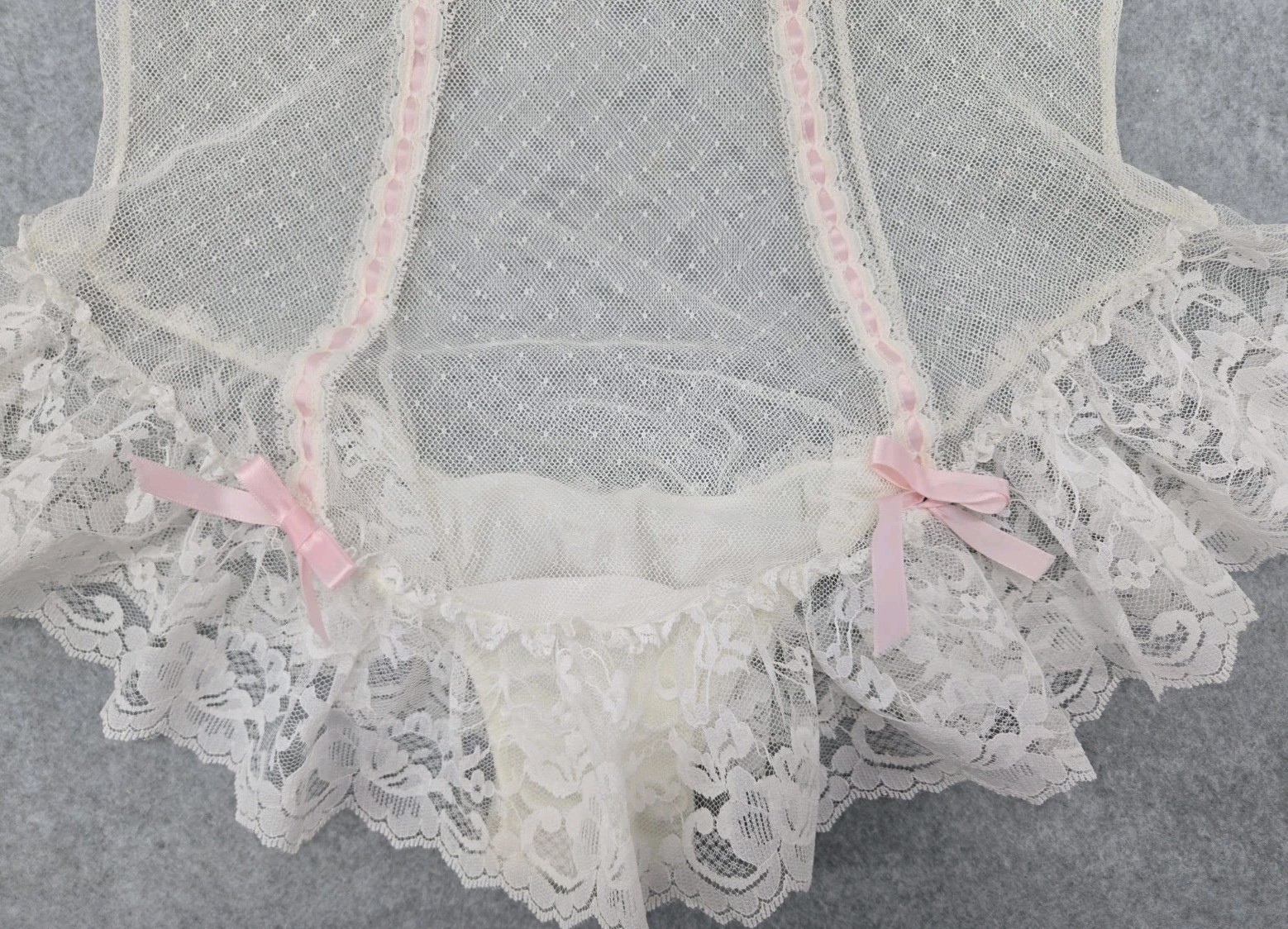 Vintage SHEER Lingerie BODYSUIT Panty FLORAL Lace Tank Top Soft Girl Bow S/M