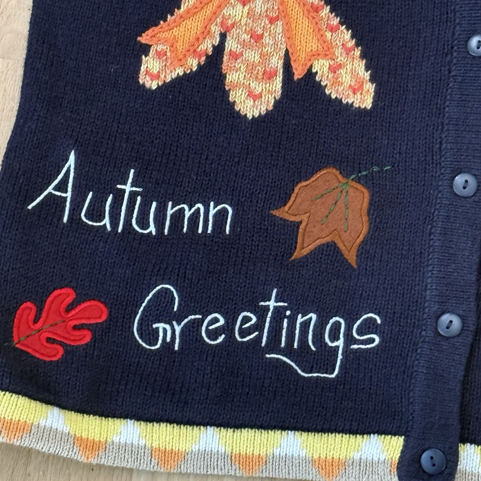The Quacker Factory Cardigan Sweater Autumn Greetings Navy Blue Ramie Cotton Med