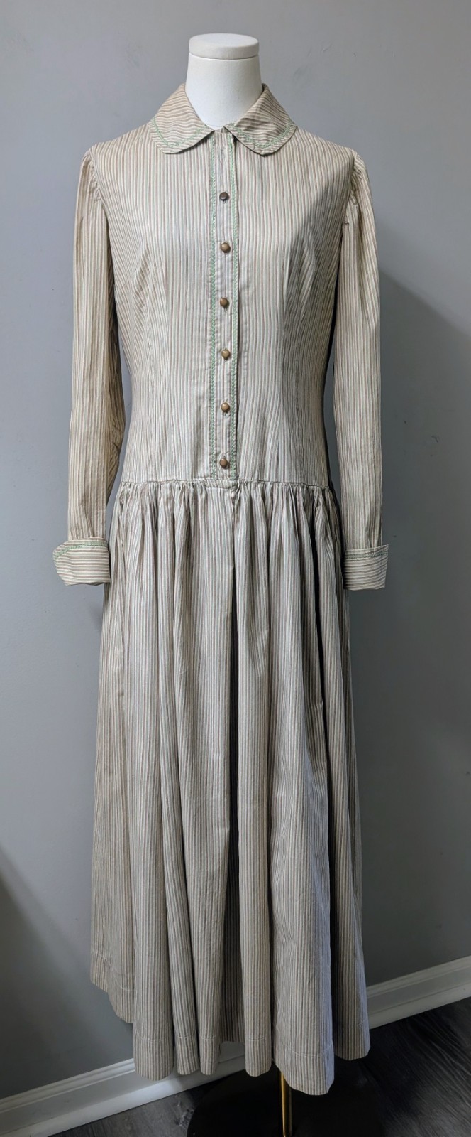 Antique 20’s Utility Day Dress Calico Dot Stripe Prairie Farm Tiny Ric Rac S/M