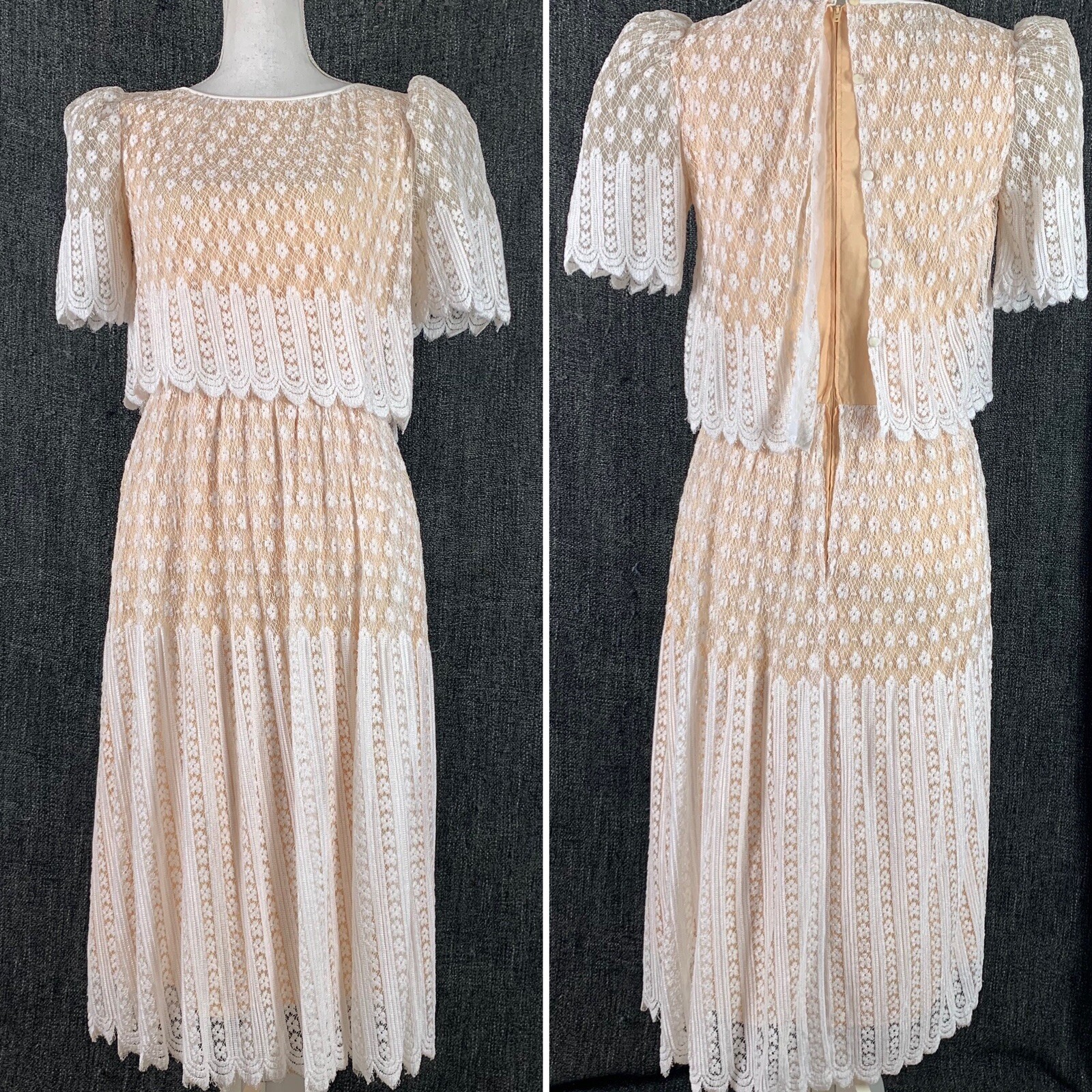 Vintage Medium Dress Puff Shoulders Knee Length White Peach Gilberts For Tally