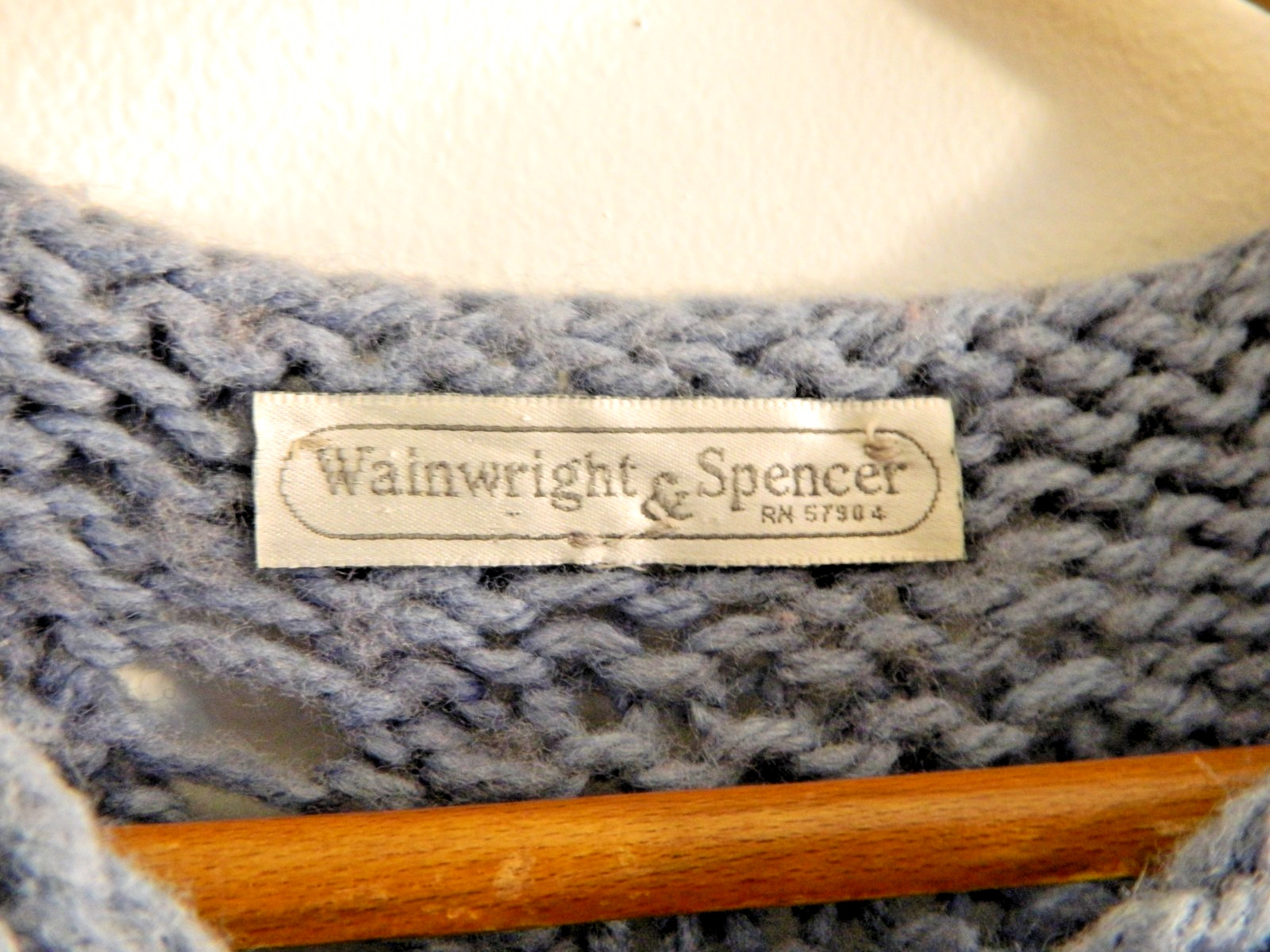 Vtg Wainwright Spencer Hand-Knit Patchwork Sweater Blue Eyelet Bobble Popcorn L