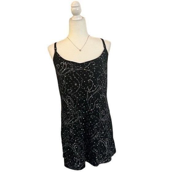 Vintage Black Glitter Sequin Mini Dress Cami Side Slit Skort XXLA Large XL