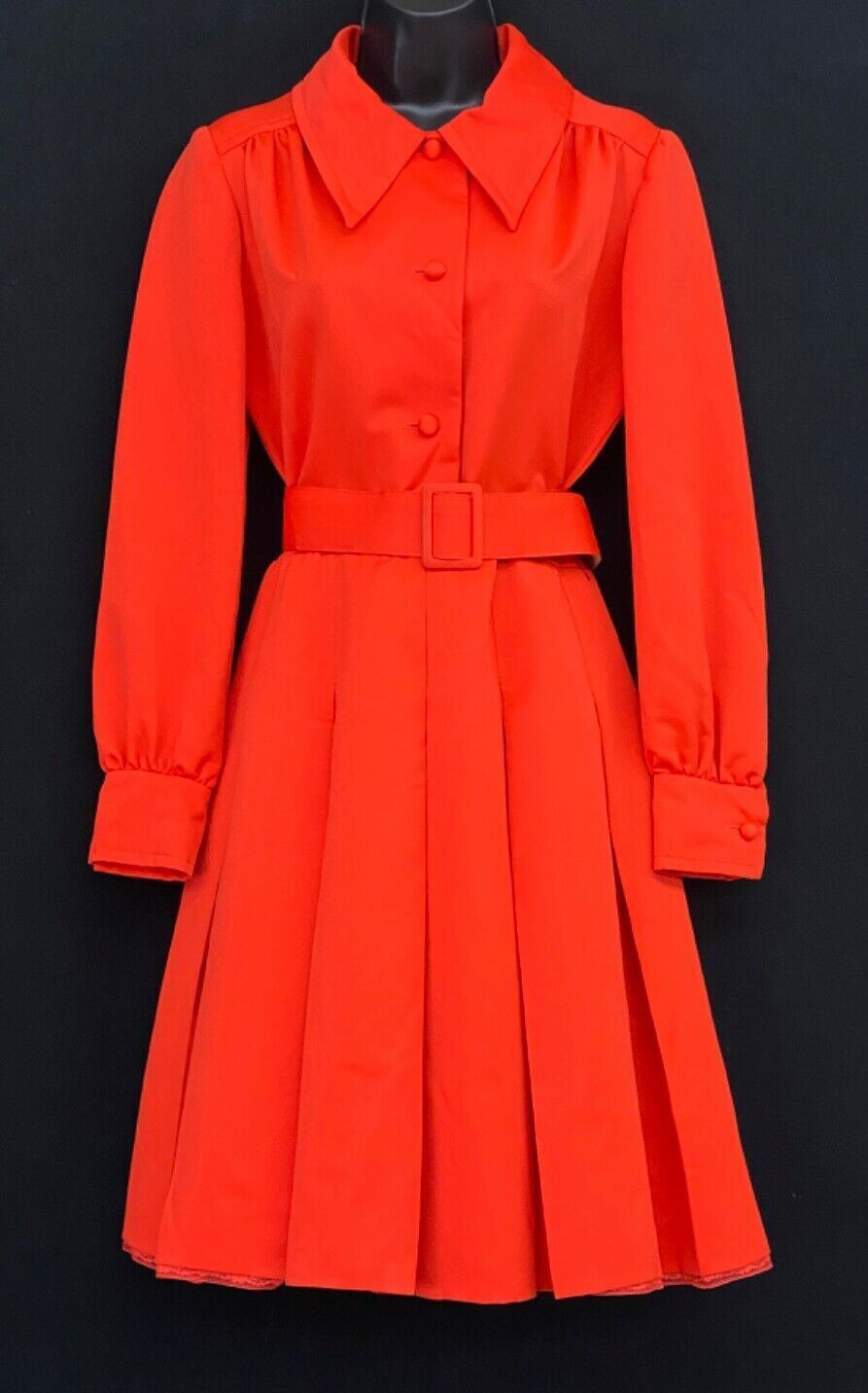 Vintage 1970s red long-sleeve dress, orange pleated collar shirt retro S