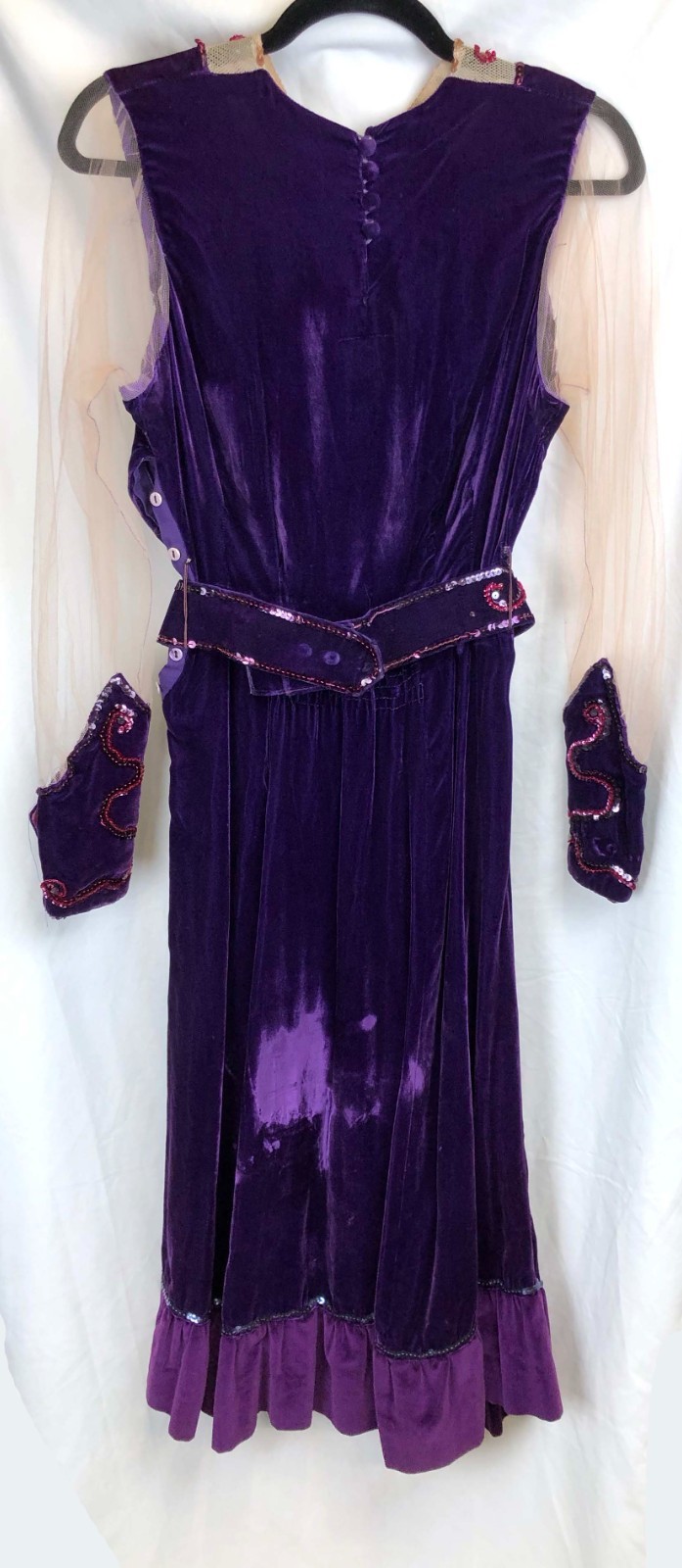 1910’s 1920’s 1930’s Purple Velvet Midi Dress with Sequins, Mesh Sleeves