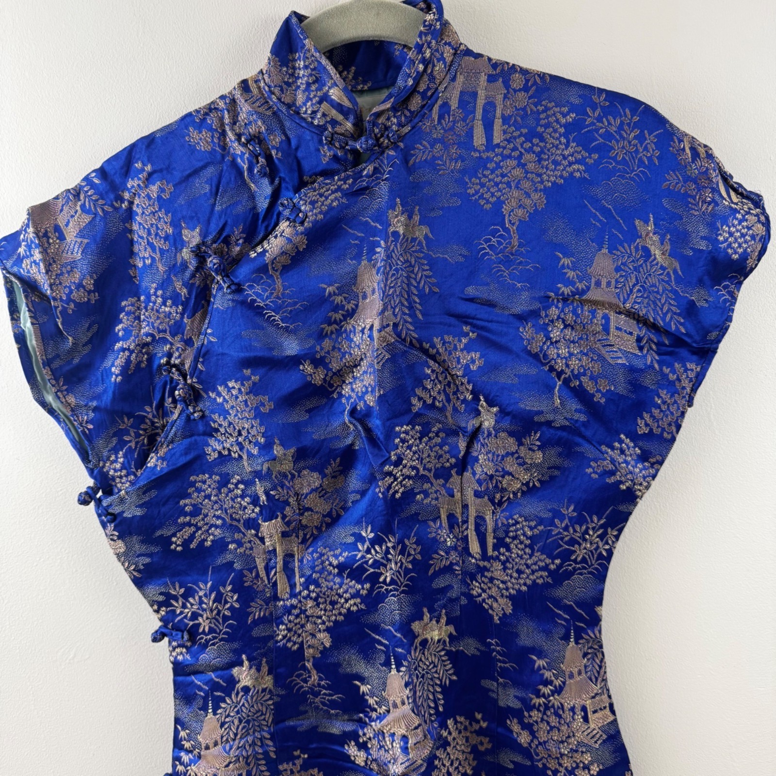 Vintage Blue & Gold Asian Brocade Cheongsam Dress With High Collar & Side Button