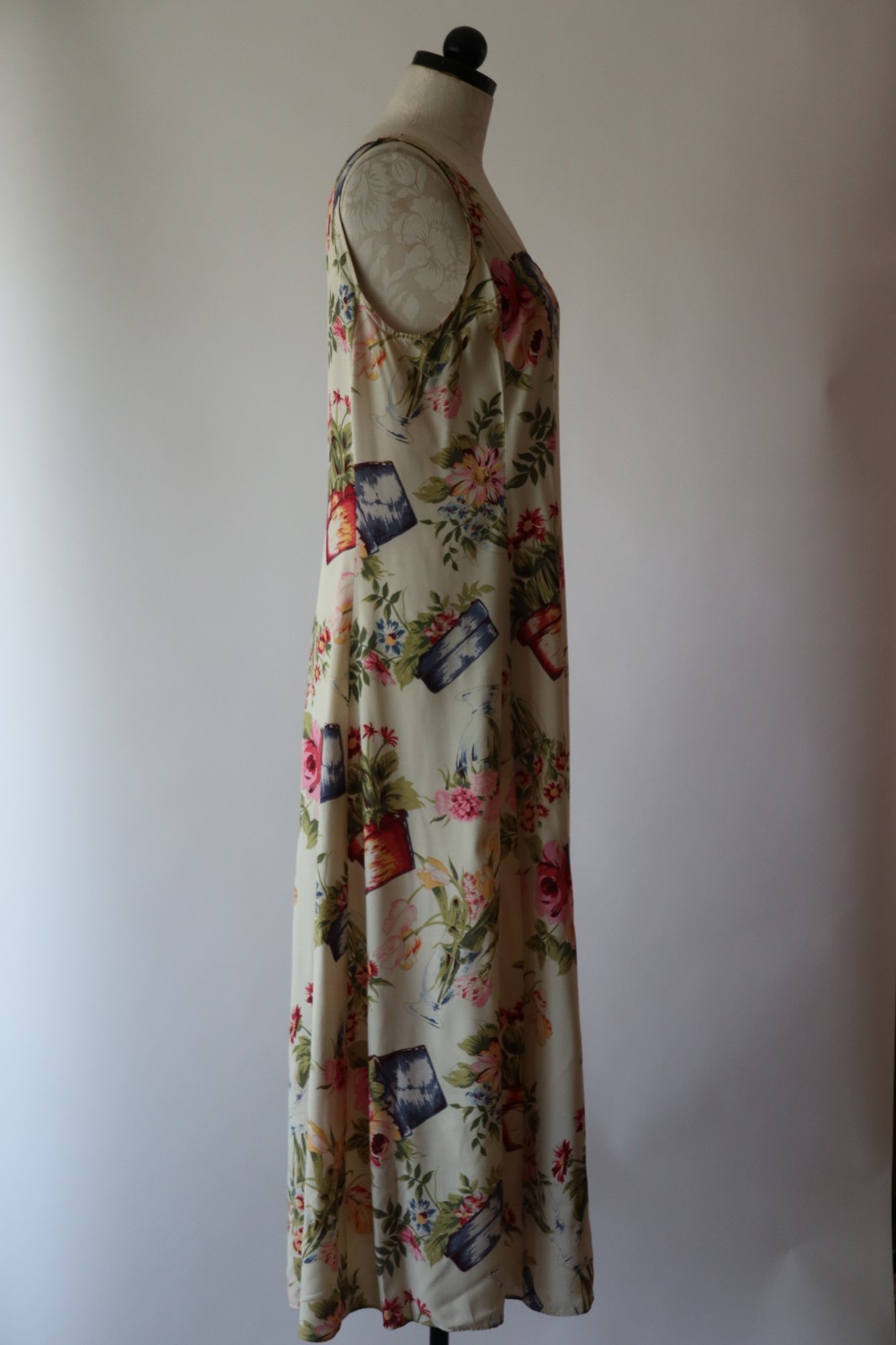 90s Vintage Pastel Garden Plants Pots Sleeveless Long Maxi Sundress Women S M