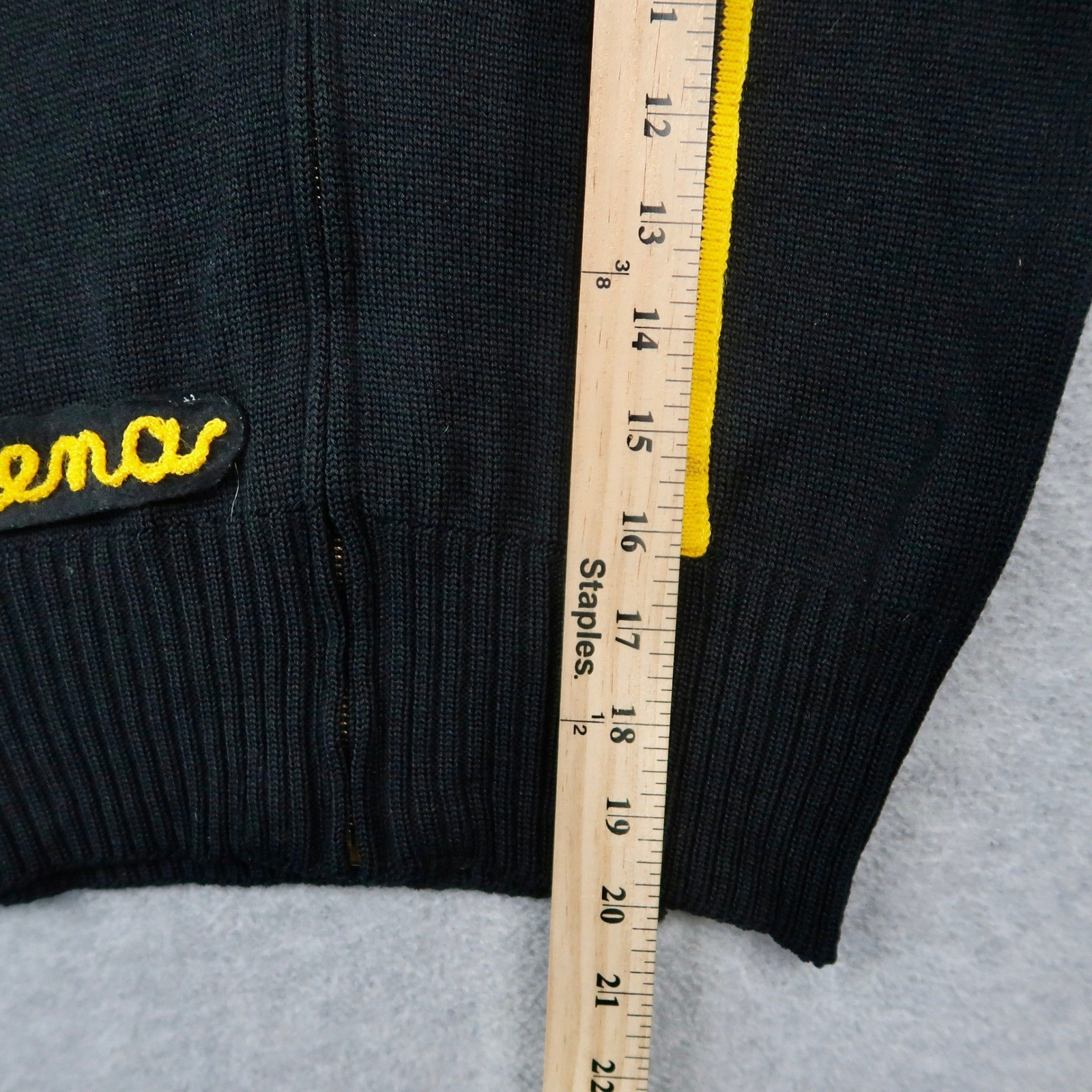 Vintage 70s Lasley Knitting Co Wool Full Zip S Sweater Black Yellow Stripe Talon