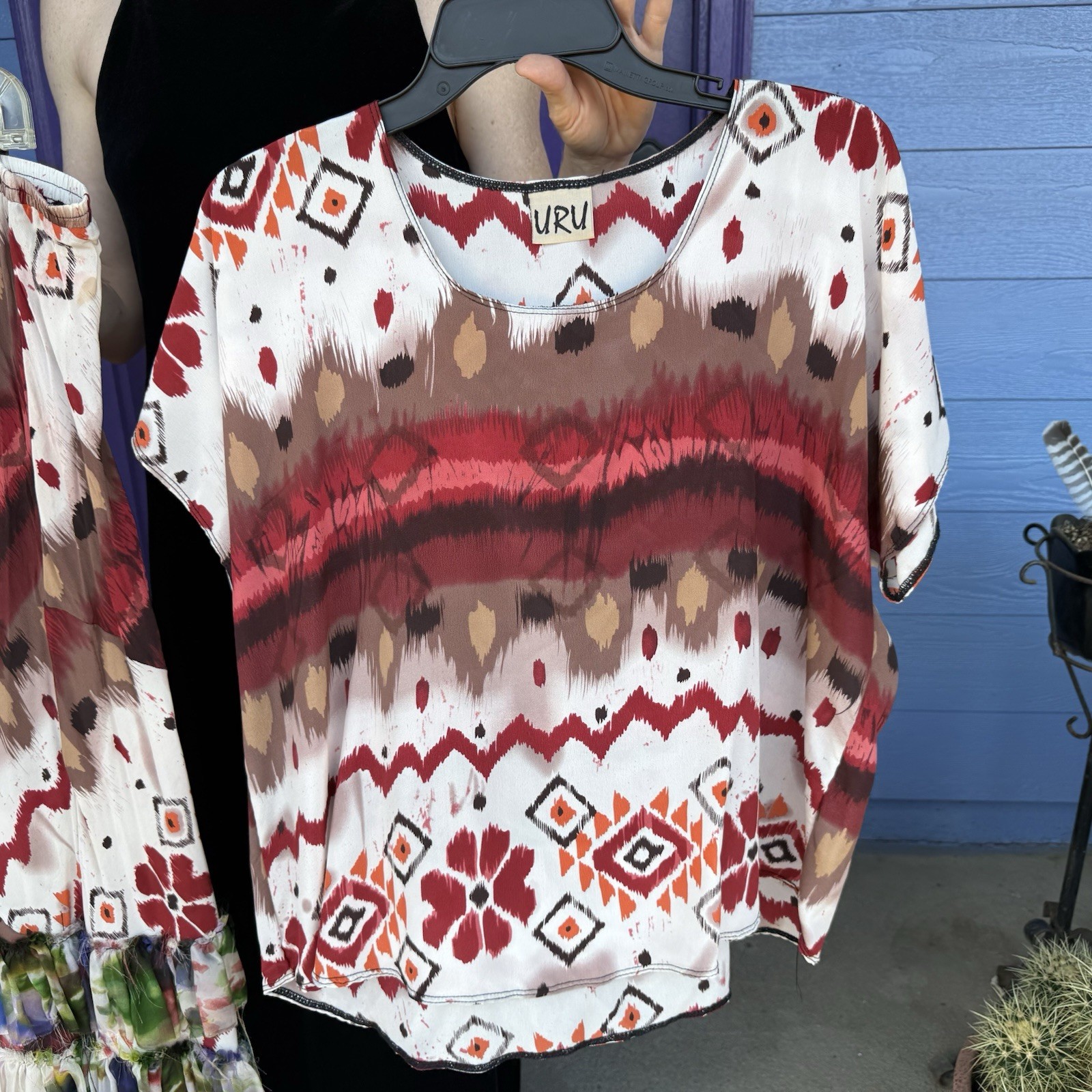 URU 100% Silk Set Matching Blouse + Skirt Size Large 2 Piece Flowy Vintage Boho