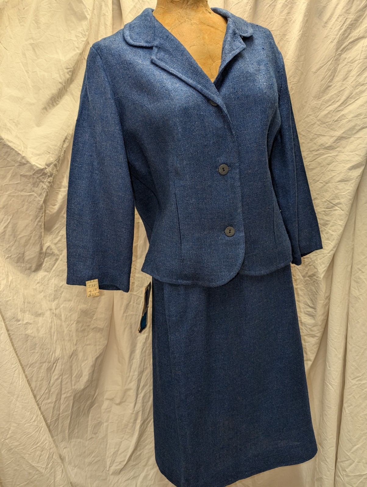 Vintage 1960’s Blue Rayon Knit Skirt Suit by Lampl Size Small 18 NWT