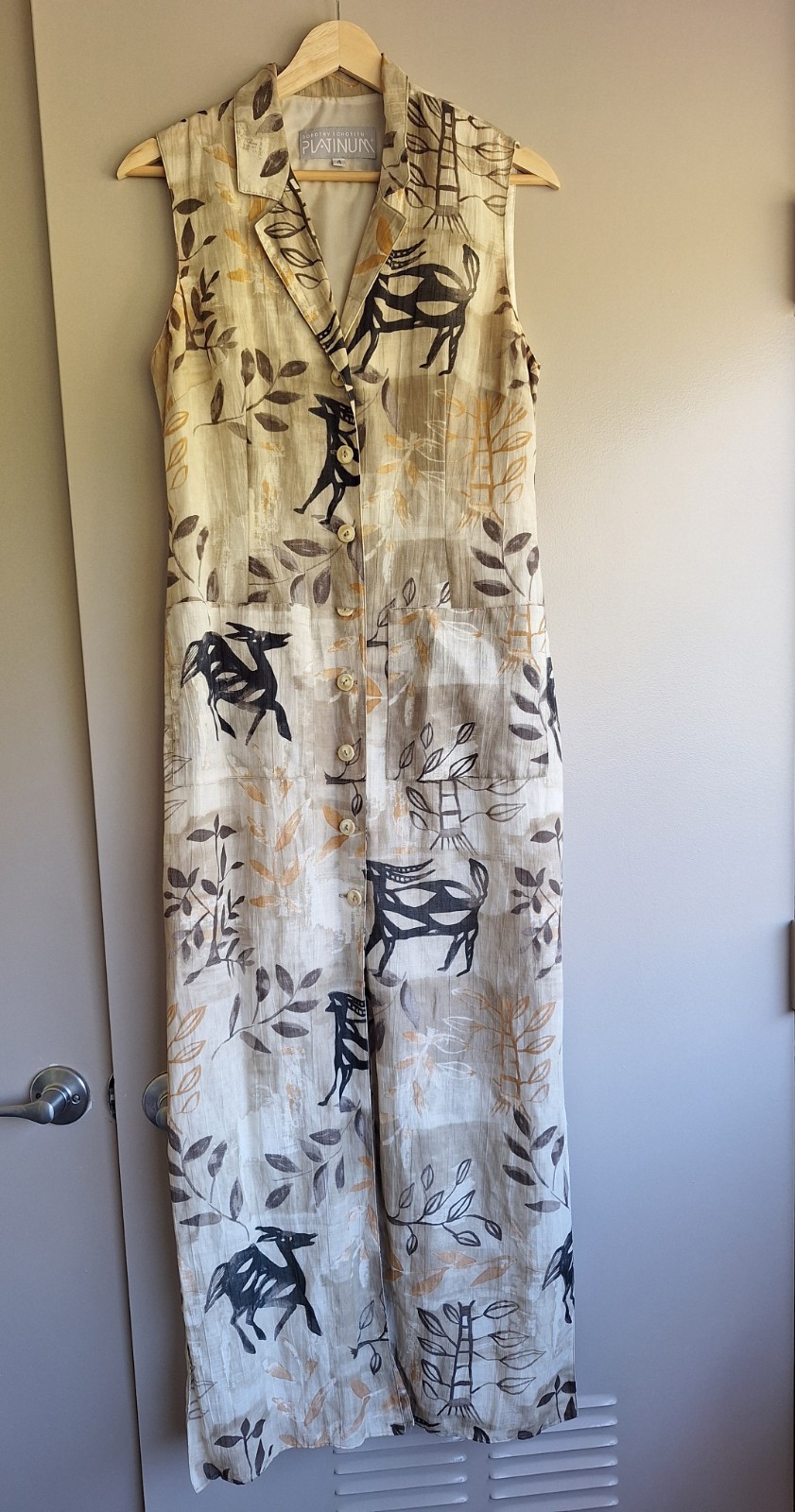 RARE Vintage Platinum Dorothy Schoelen Swiss Fabric Antelope Maxi Dress Slits 4