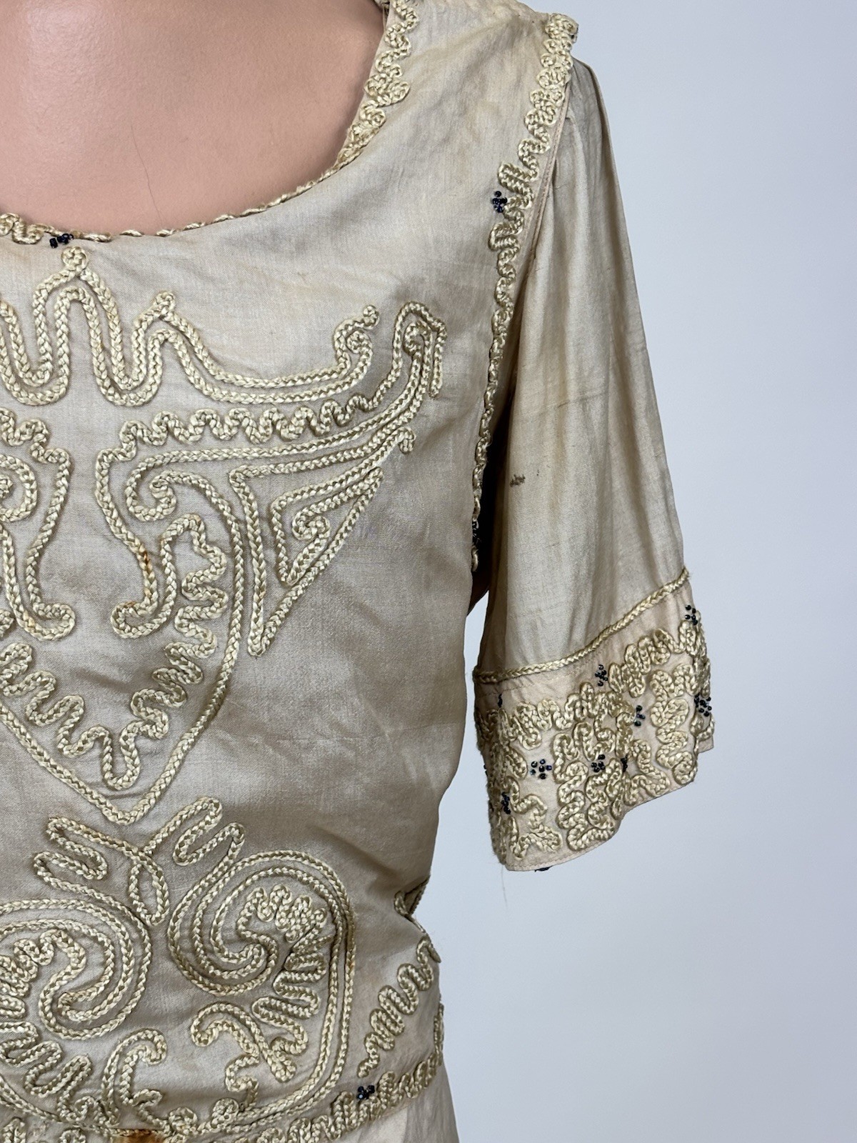 Antique Edwardian 1910s Beige Silk Day Dress Cording Blue Beads Wrap Bodice