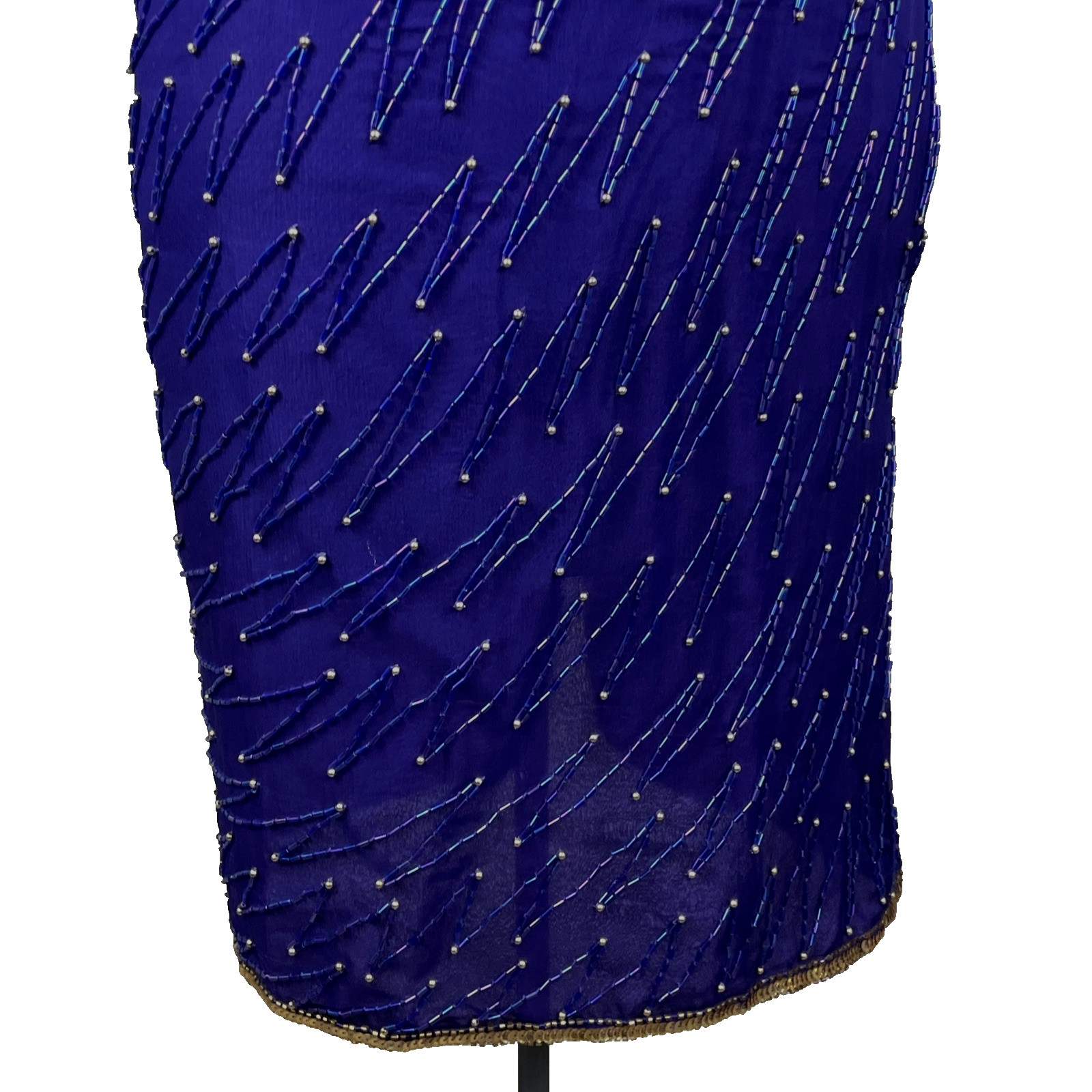 Vintage Lawrence Kazar Cocktail Dress Silk Beaded Sequins Size XS Purple Gold