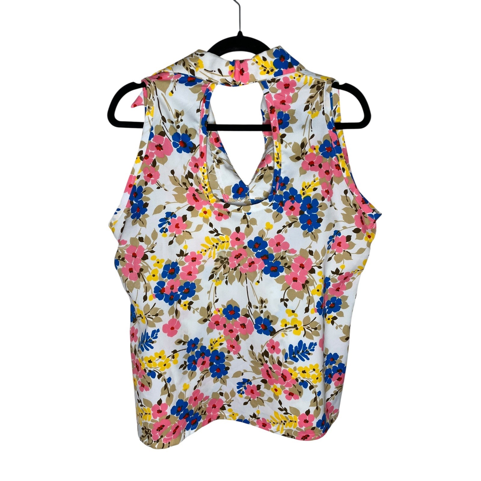 Floral Sleeveless Top Open Back White Pink Blue Yellow Blouse